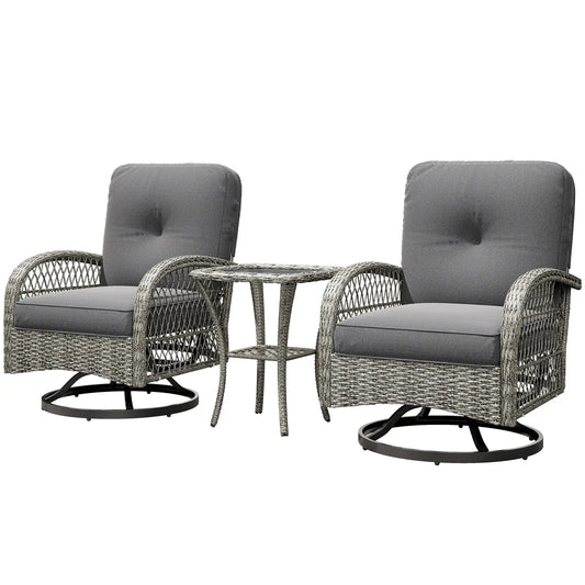 Wicker Balcony Furniture, 3 Piece Patio Set, 2 Swivel Rocking Chairs, 2-Tier Glass Coffee Table, Grey Bistro Sets Grey at Gallery Canada