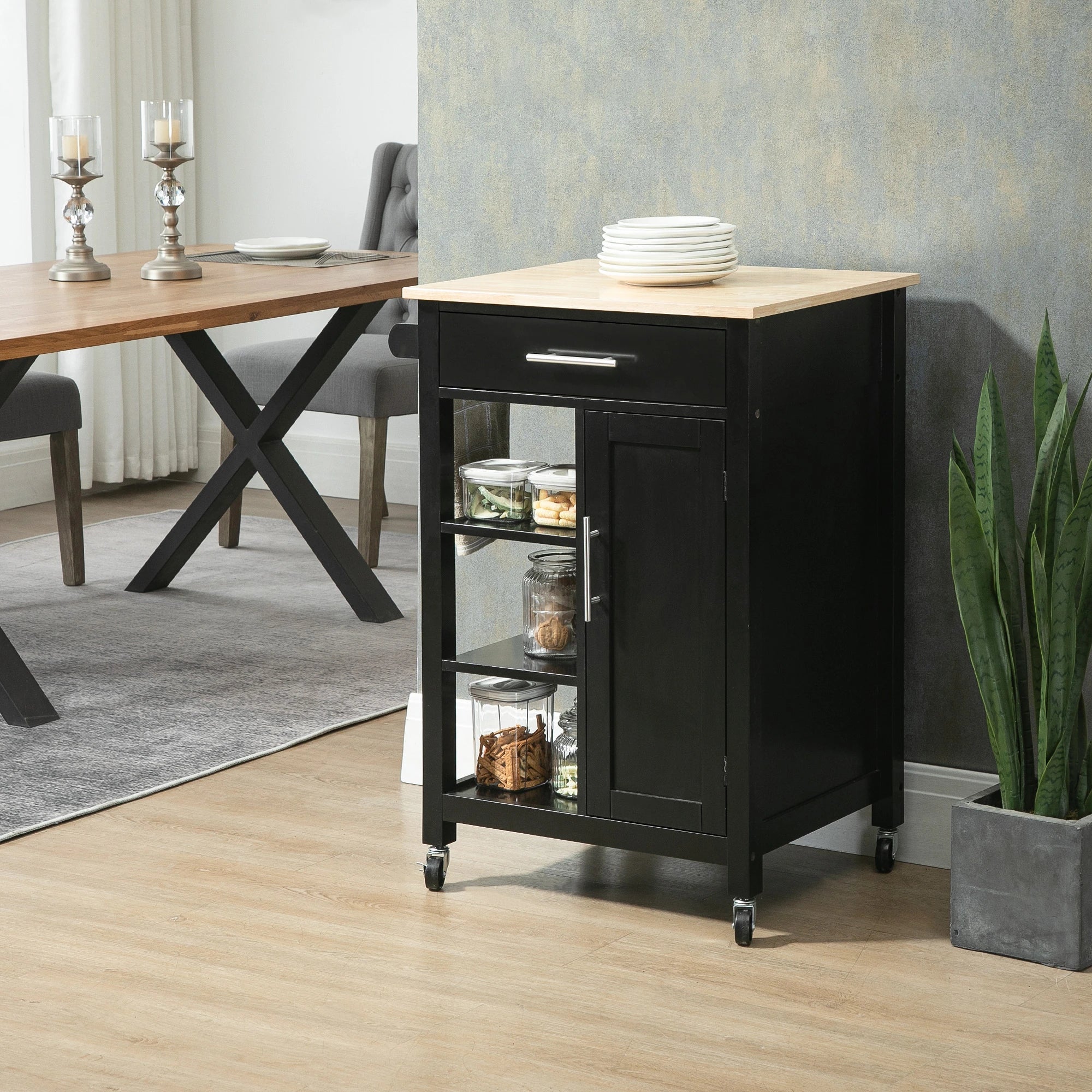 Compact Kitchen Cart on Wheels, Open Shelf, Storage Drawer, Black Kitchen Islands & Kitchen Carts at Gallery Canada