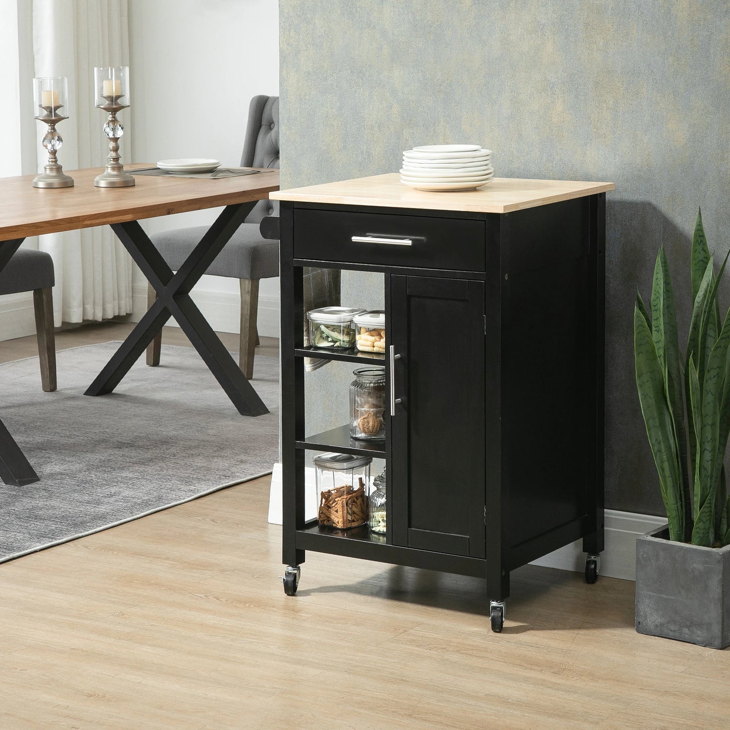 Compact Kitchen Cart on Wheels, Open Shelf, Storage Drawer, Black Kitchen Islands & Kitchen Carts at Gallery Canada