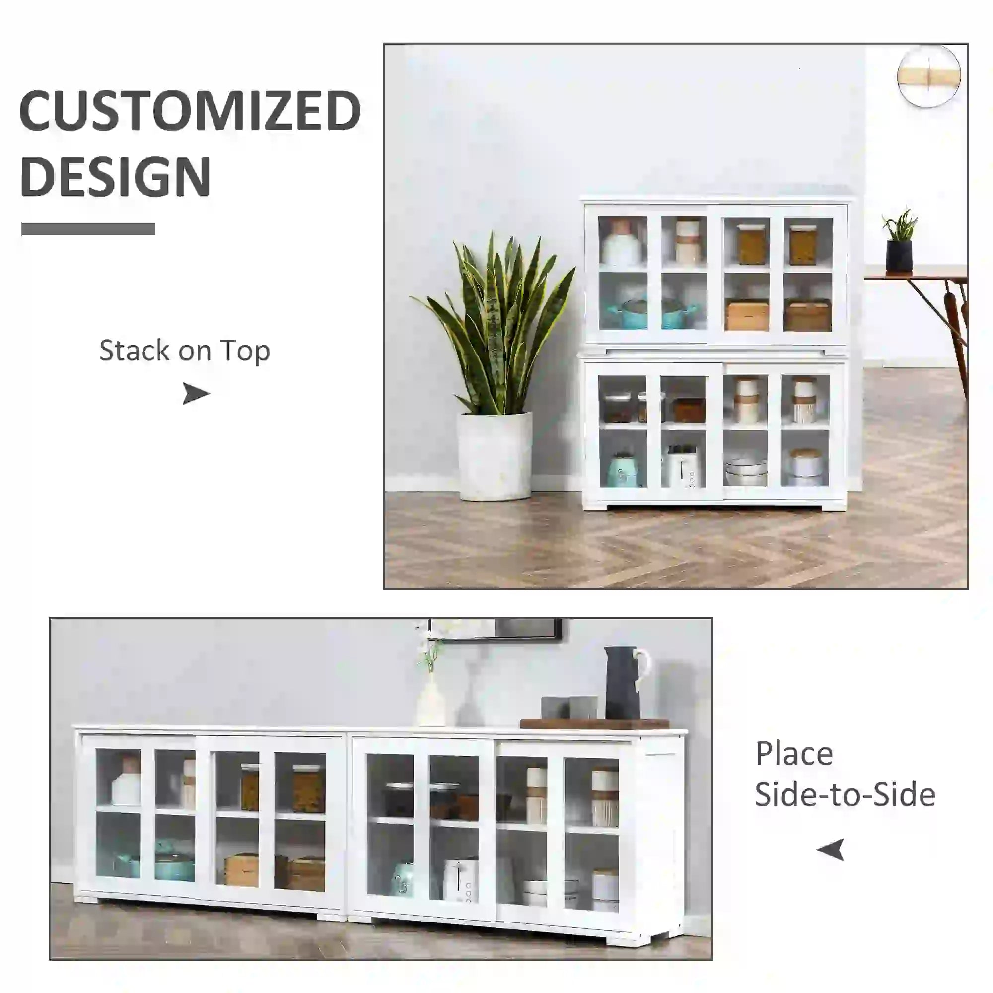 Modern Kitchen Sideboard, Stackable Storage Cabinet, Sliding Glass Door, White Bar Cabinets at Gallery Canada