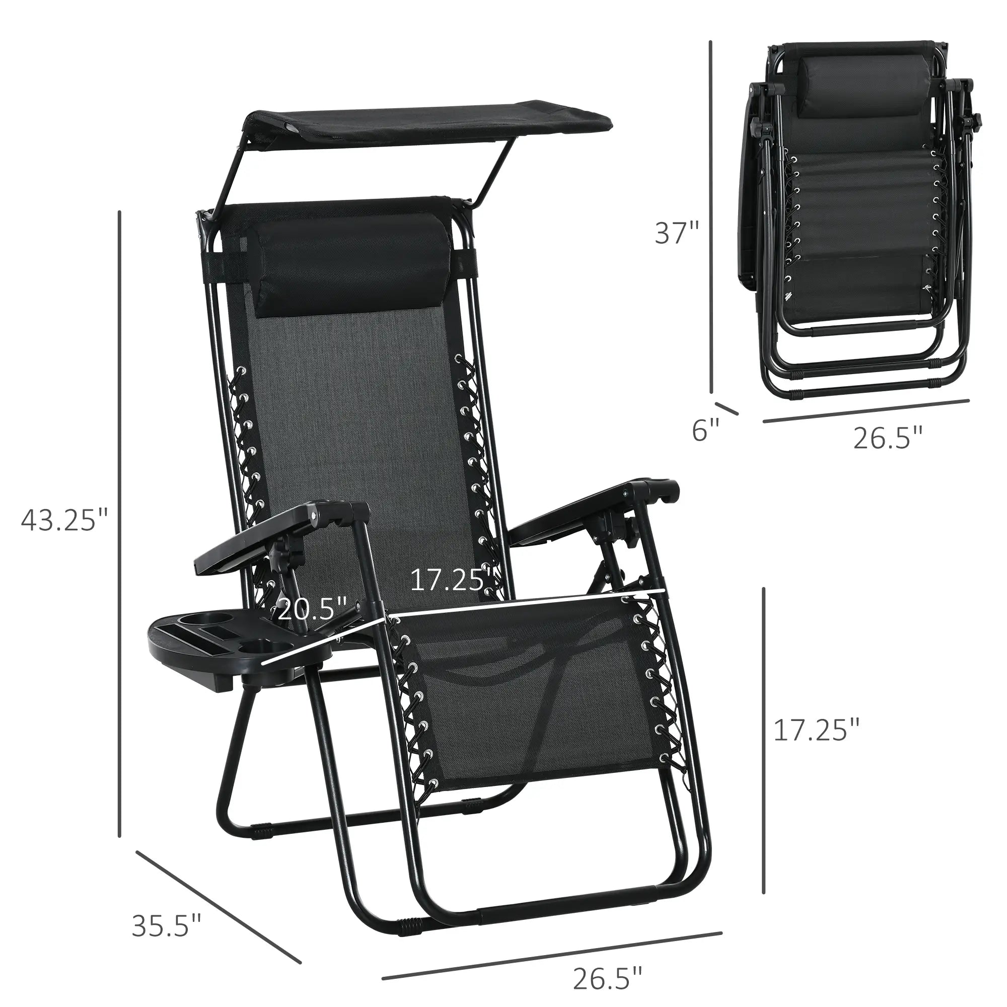 2 Piece Foldable Lounge Chair with Canopy Shade, Outdoor Zero Gravity Chair w/ Side Tray &; Cup Holder, Reclining Lounger w/ Breathable Mesh Fabric Seat, Pillow, Black Lounger Chairs at Gallery Canada