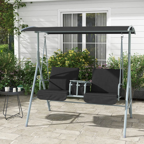 2-Seater Outdoor Porch Swing, Adjustable Canopy, Table, Black