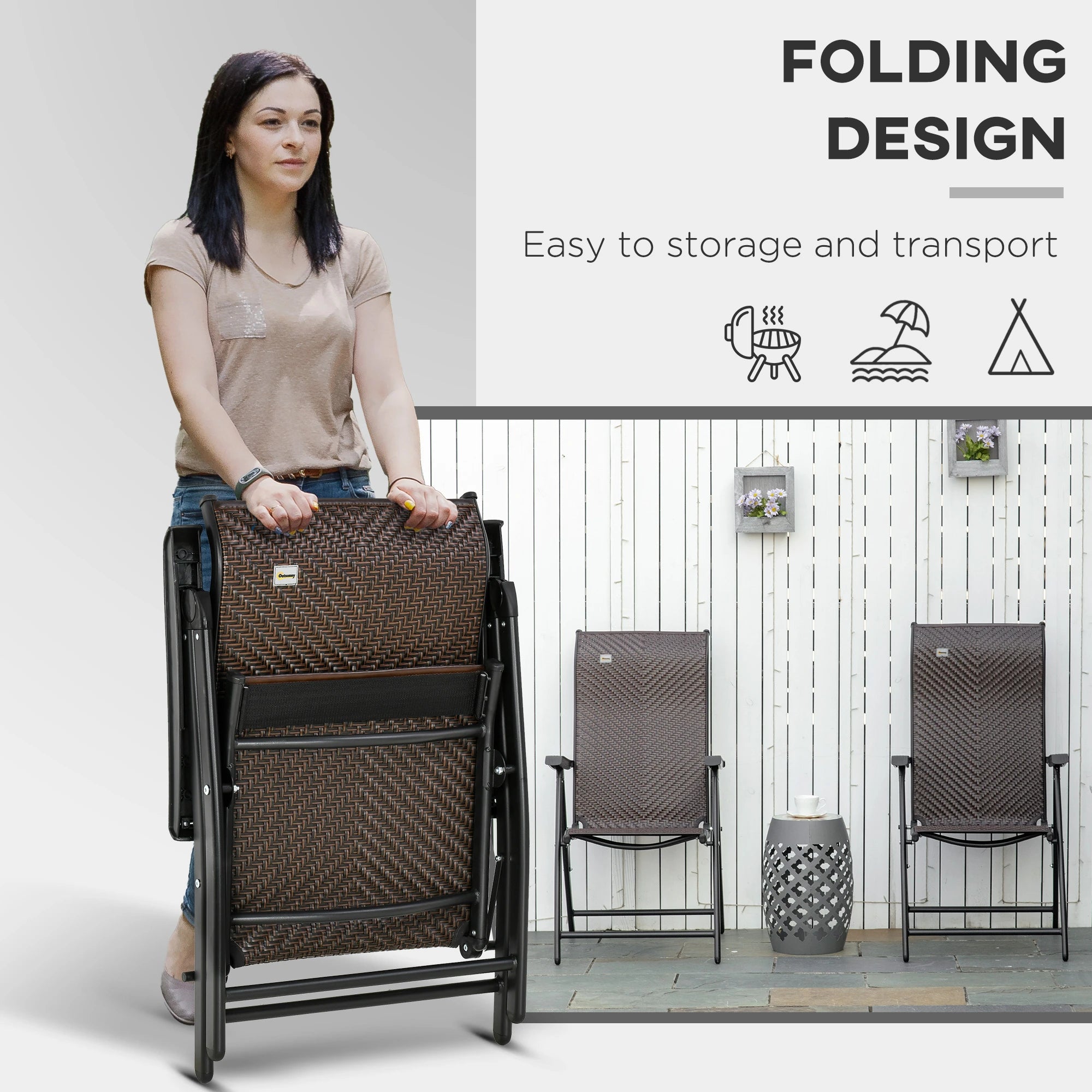 2PCs Outdoor Wicker Folding Chairs, Adjustable Backrest, Brown Patio Chairs at Gallery Canada