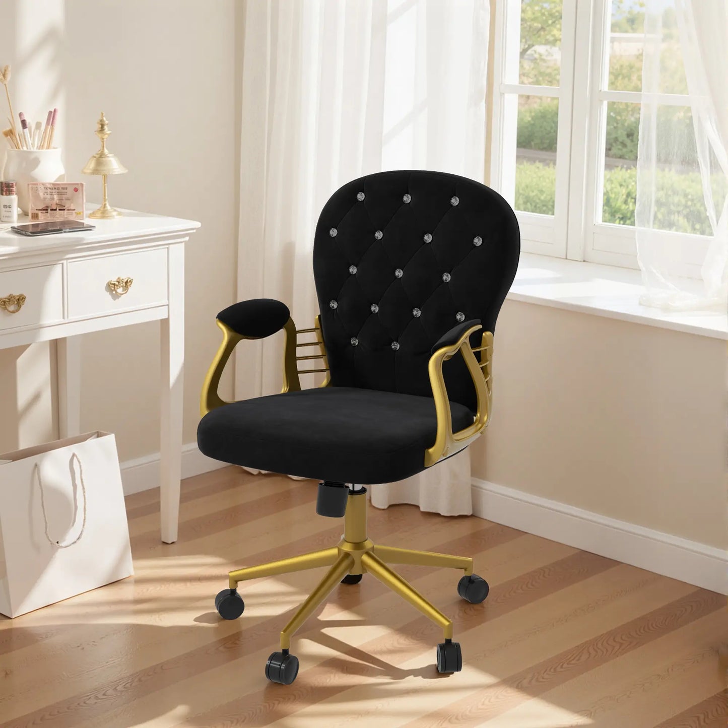 Velvet Office Desk Chair, Button Tufted, Swivel Wheels, Adjustable Height, Black Task Chairs at Gallery Canada