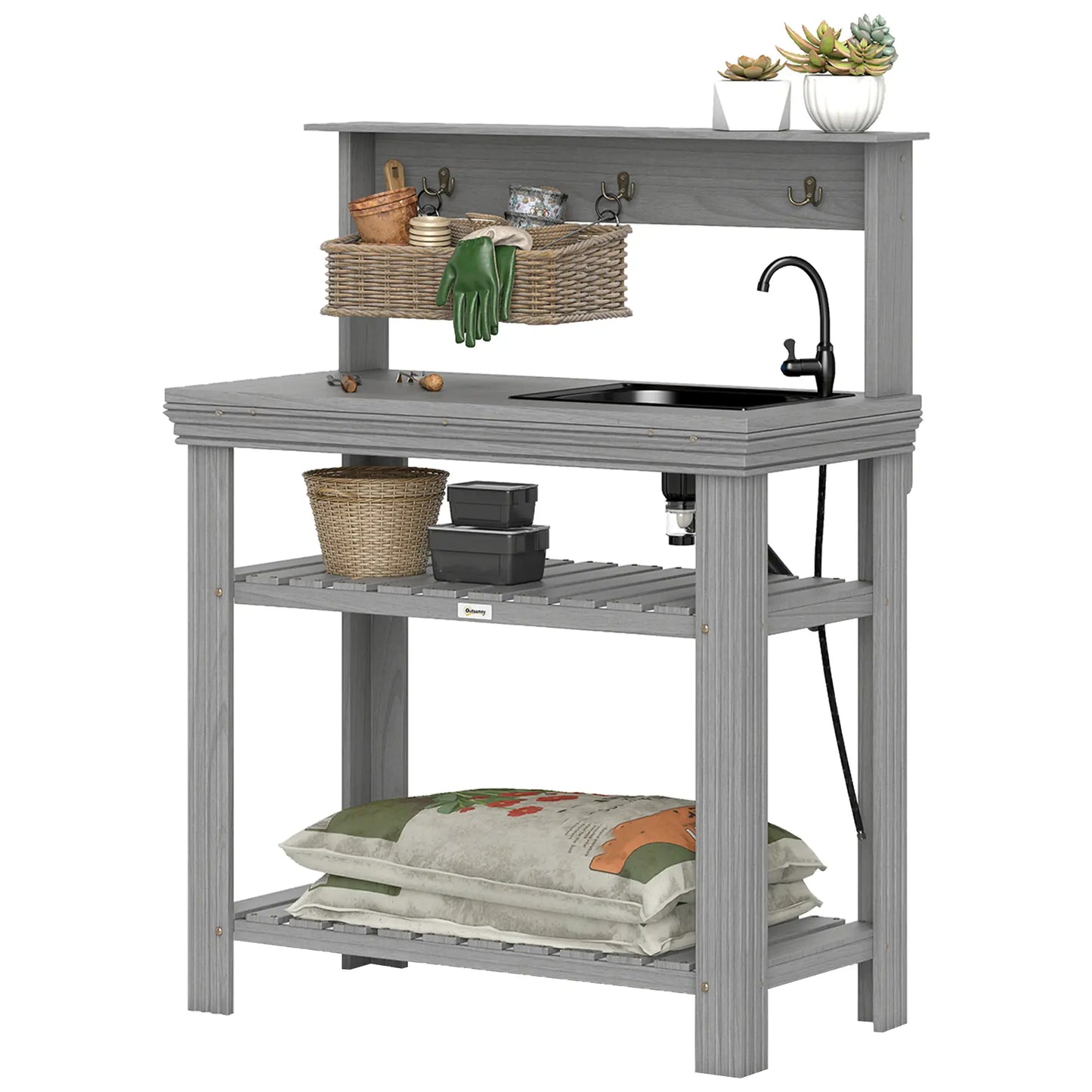 Outdoor Potting Bench With Faucet, Removable Sink, Hooks, Storage Shelves, Grey Potting Benches & Tables at Gallery Canada