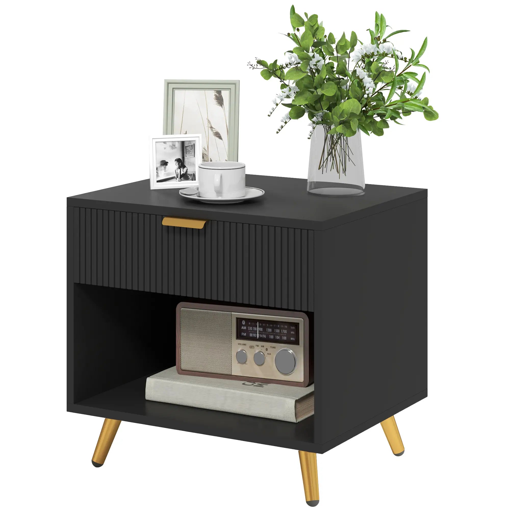 Modern Nightstand with Drawer, Open Compartment, Black Bedside Tables at Gallery Canada