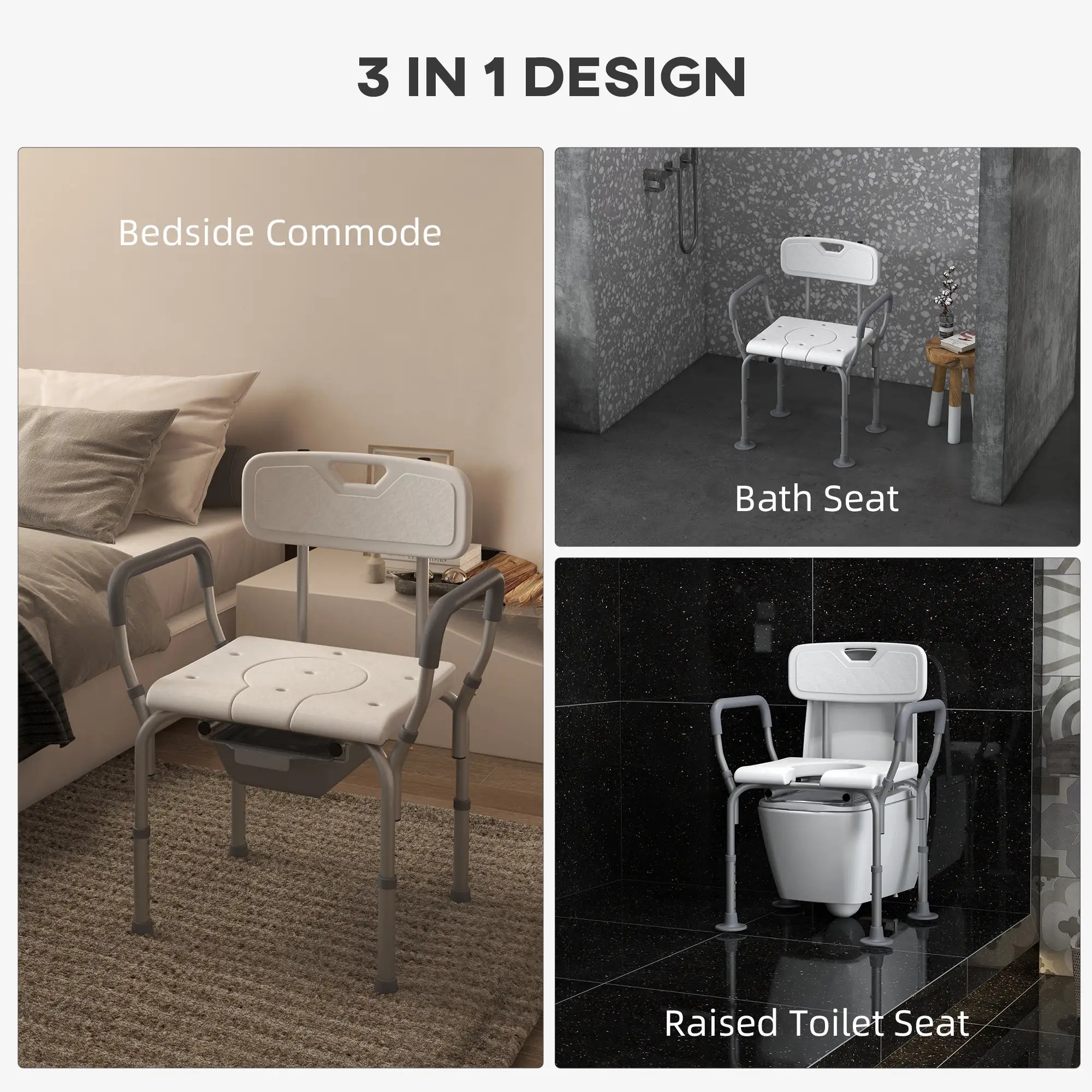 3-in-1 Shower Chair with Back, Adjustable Commode, Raised Toilet Seat Bath Chairs at Gallery Canada