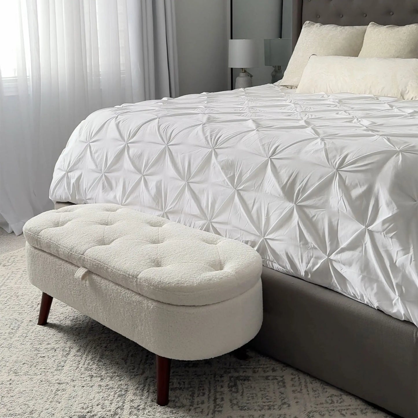 Boucle Storage Bench, Tufted Teddy Fleece, Wood Legs, White Storage Ottomans & Benches at Gallery Canada