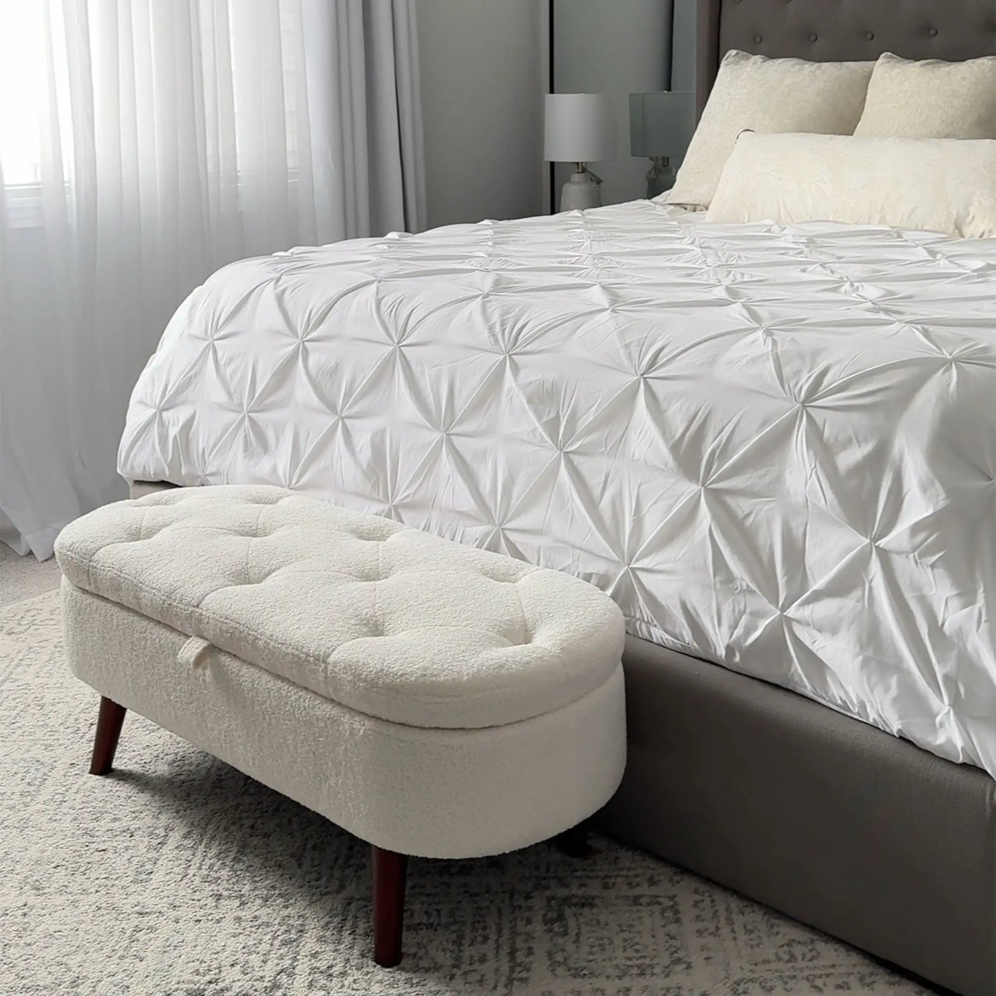 Boucle Storage Bench, Tufted Teddy Fleece, Wood Legs, White Storage Ottomans & Benches at Gallery Canada