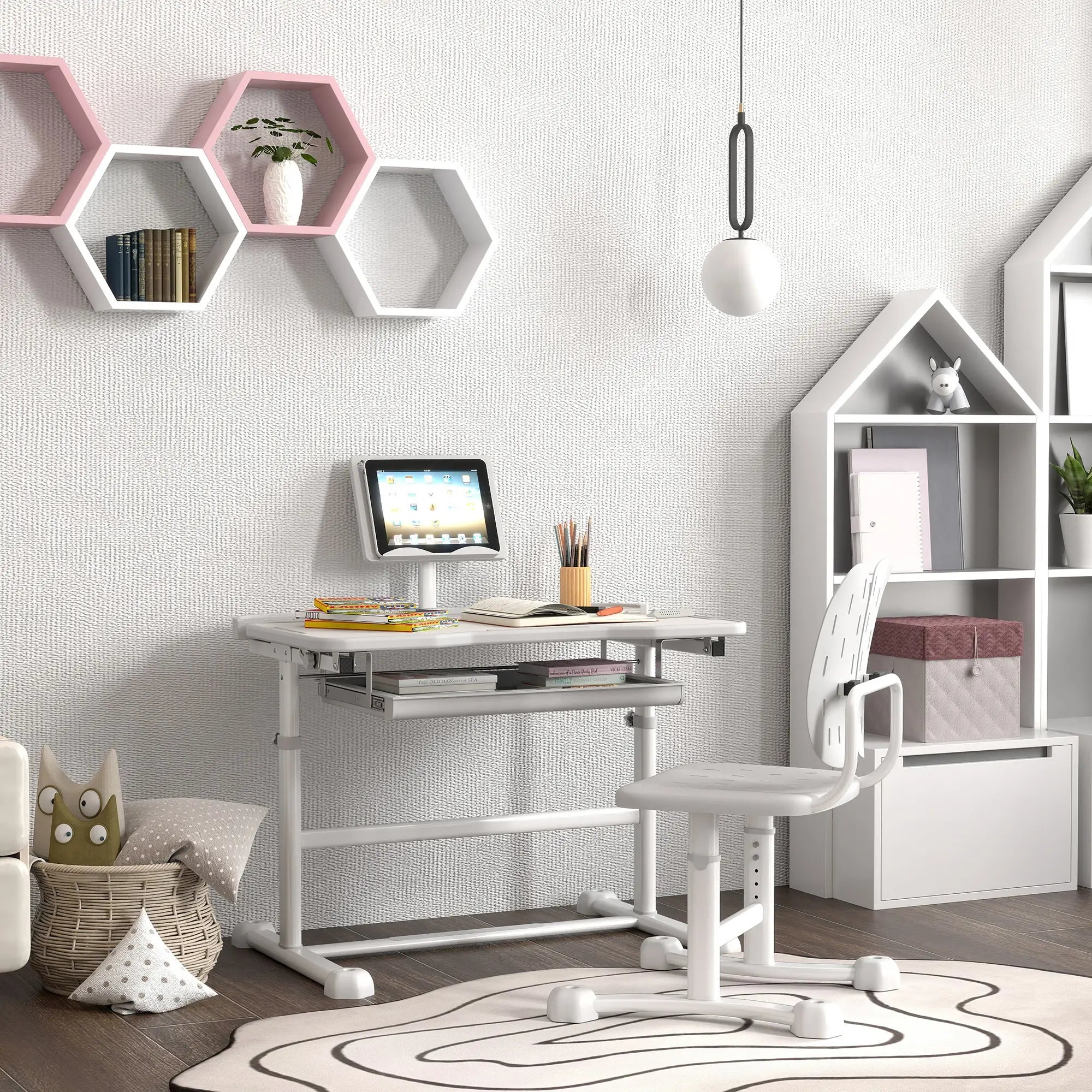 Adjustable Kids Desk and Chair Set, Tilt Desktop, Large Board, Drawer, Grey Kids Desk Sets at Gallery Canada