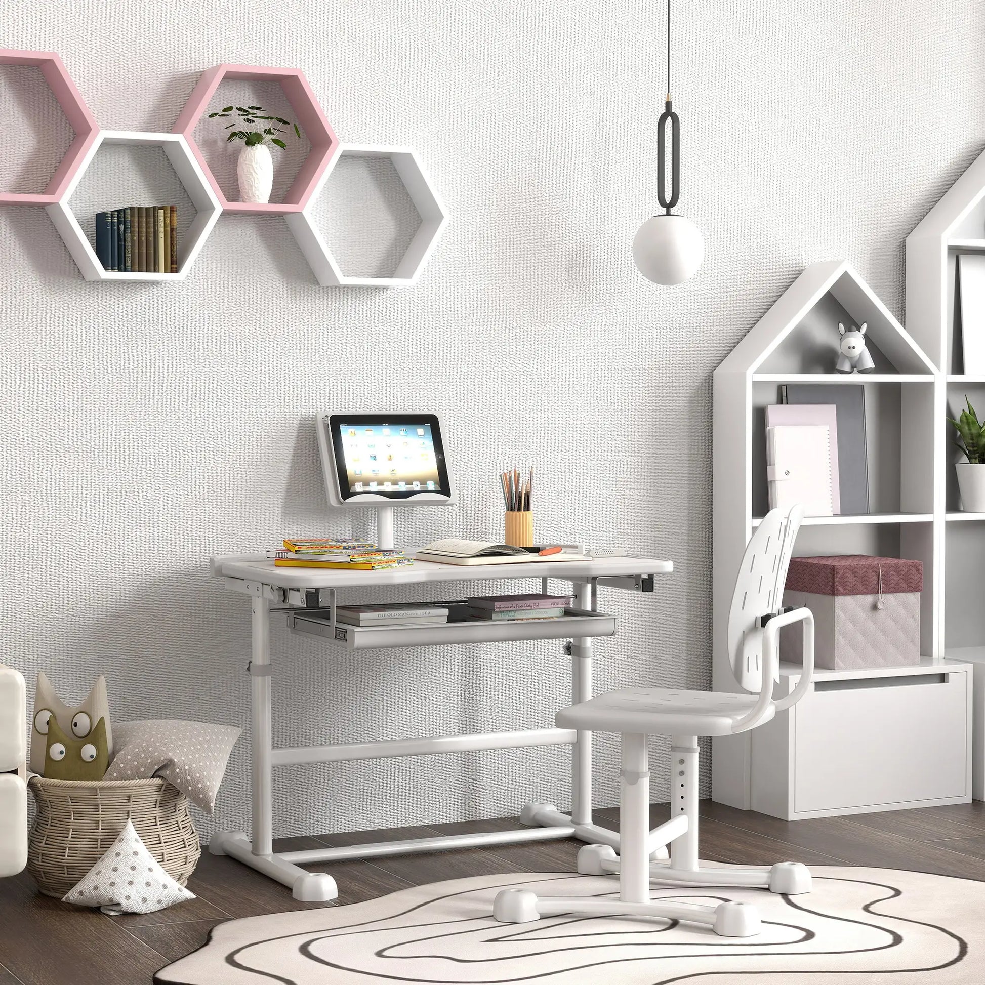 Adjustable Kids Desk and Chair Set, Tilt Desktop, Large Board, Drawer, Grey Kids Desk Sets at Gallery Canada