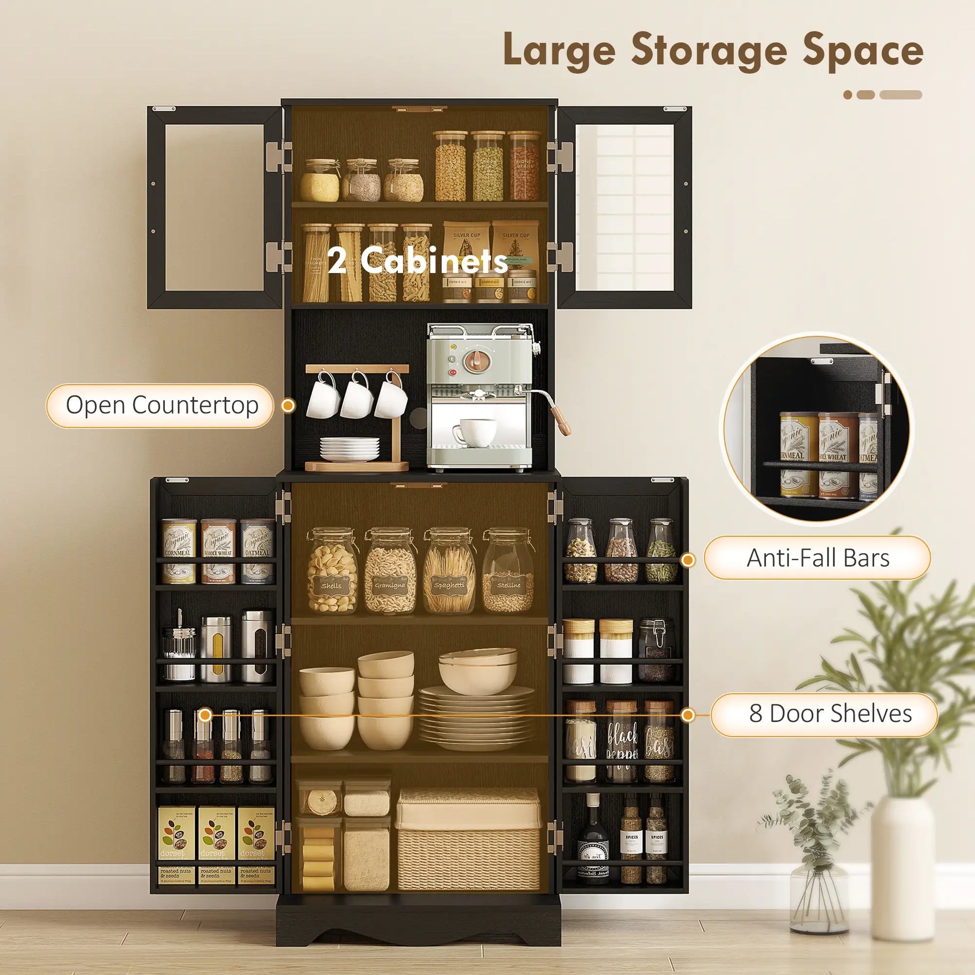 71 Inch Kitchen Pantry Cabinet, Freestanding Hutch, Black Kitchen Pantry Cabinets at Gallery Canada