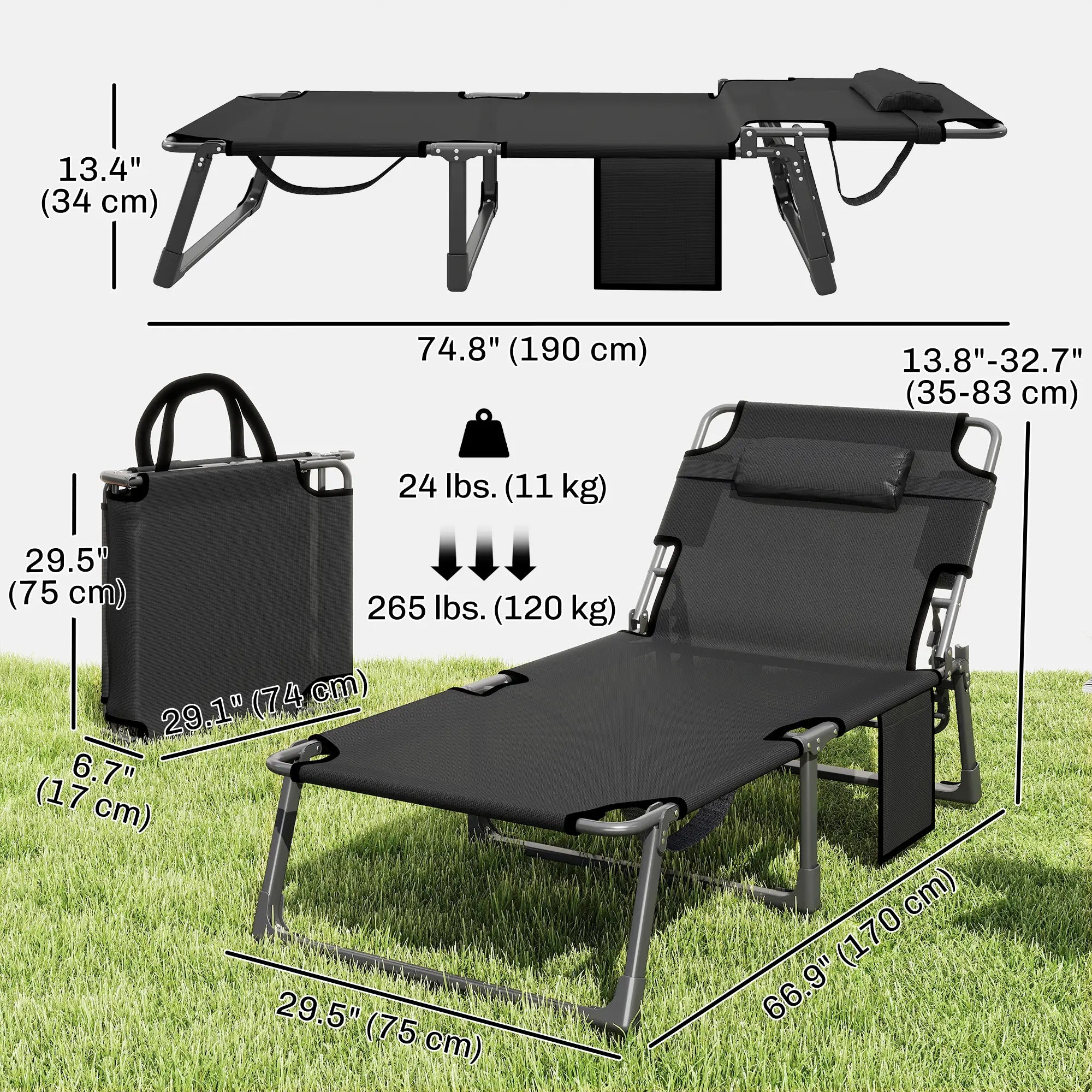 75 cm Wide Folding Chaise Lounge Chair, Set of 2, Grey/Blue Lounger Chairs at Gallery Canada