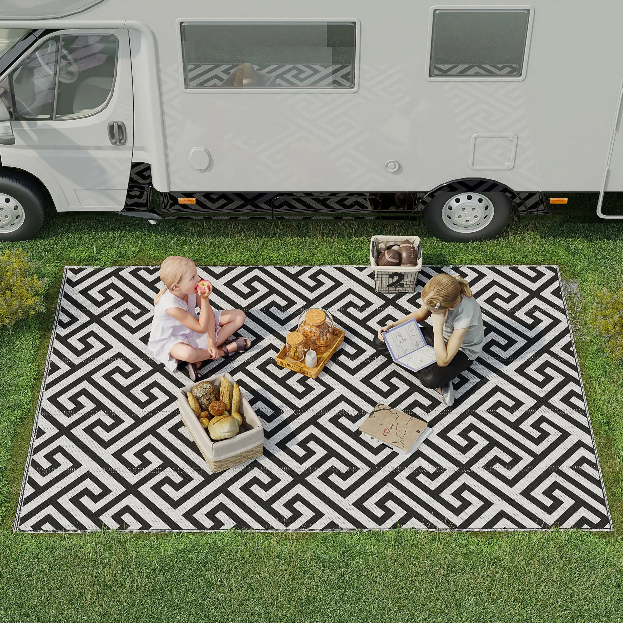 Reversible Outdoor RV Rug, Patio Floor Mat, 6' x 9', Black & White Outdoor Reversible Rugs at Gallery Canada