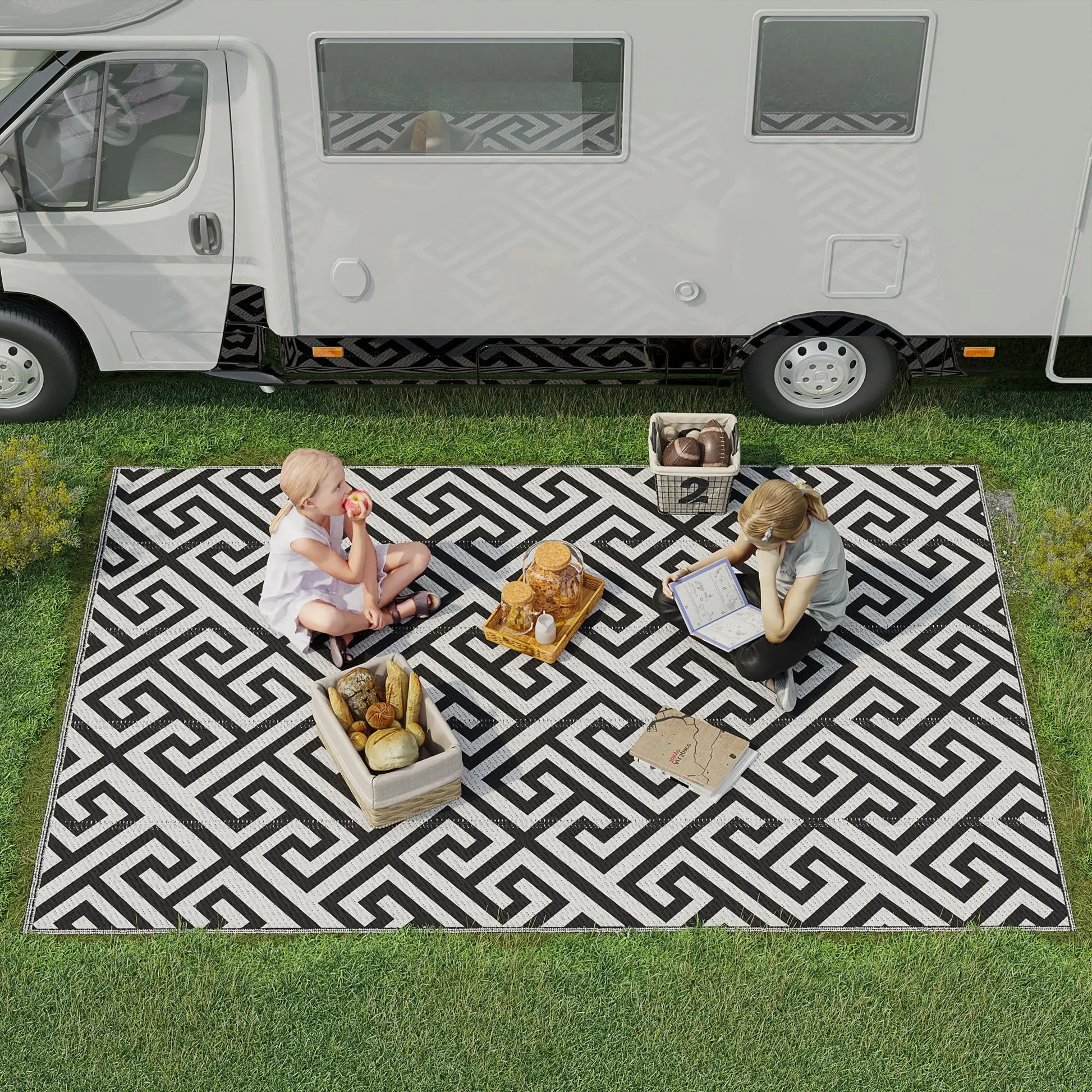 Reversible Outdoor RV Rug, Patio Floor Mat, 6' x 9', Black & White Outdoor Reversible Rugs at Gallery Canada