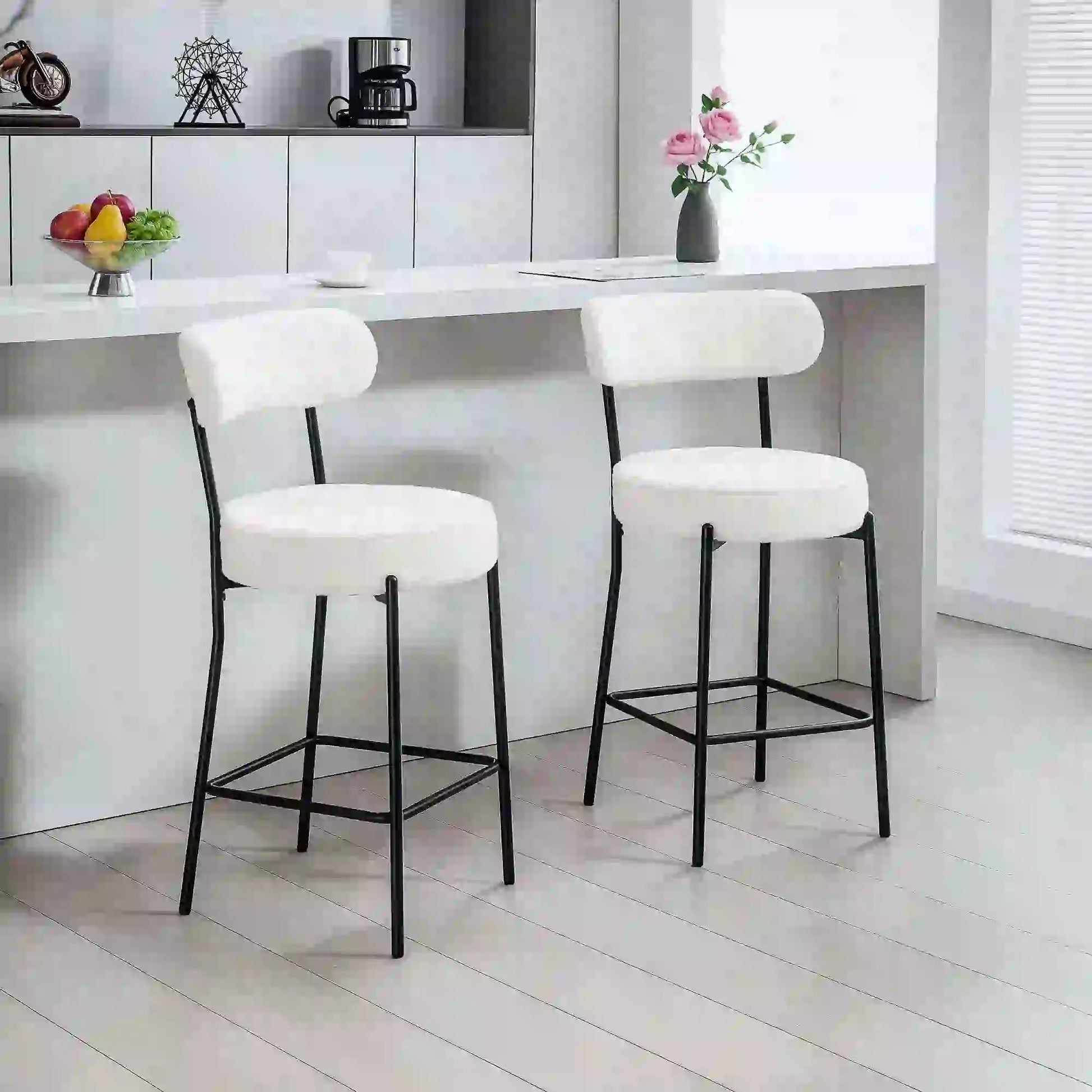 Set of 2 Barstools, Upholstered with Backrest, Footrest, Cream White Bar Stools at Gallery Canada
