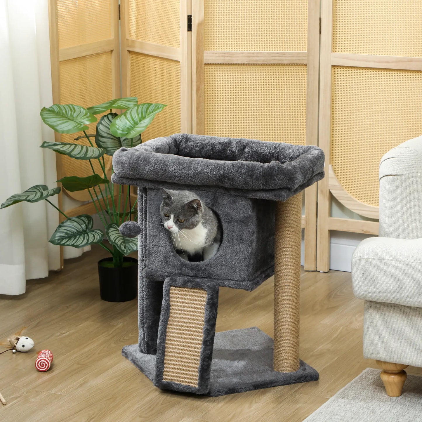 Small Cat Tree Tower with Perch, Scratching Post, Condo, Toy Ball, Dark Grey Cat Trees at Gallery Canada