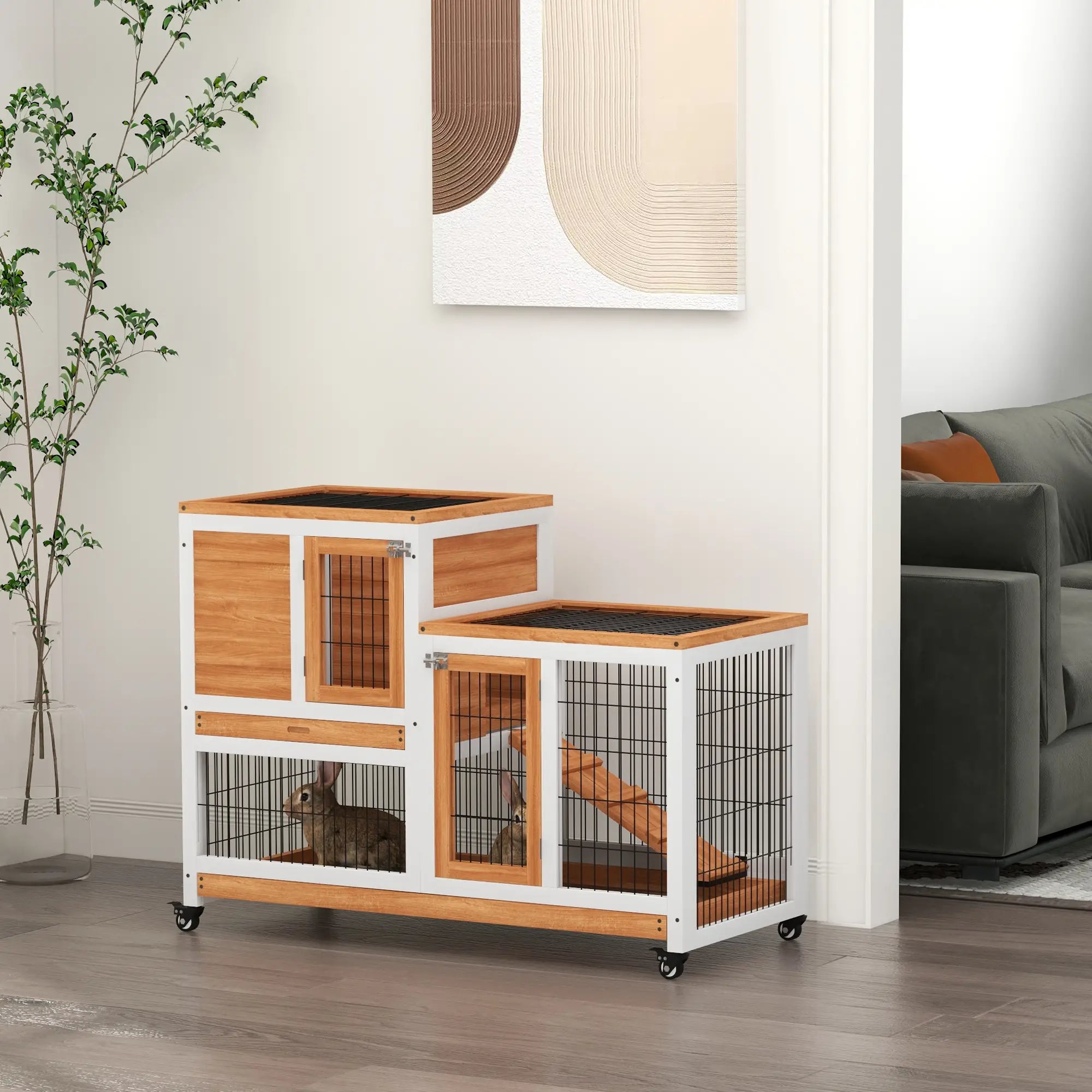 Wooden Rabbit Hutch, Indoor Bunny Cage with Wheels, Pull Out Trays, Yellow Rabbit Hutch at Gallery Canada