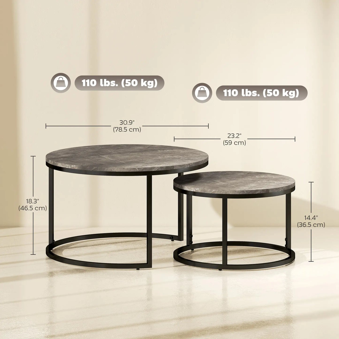 Modern Coffee Table Set of 2, Nesting Side Tables, Metal Base, Faux Marbled Grey, Grey Coffee Tables at Gallery Canada