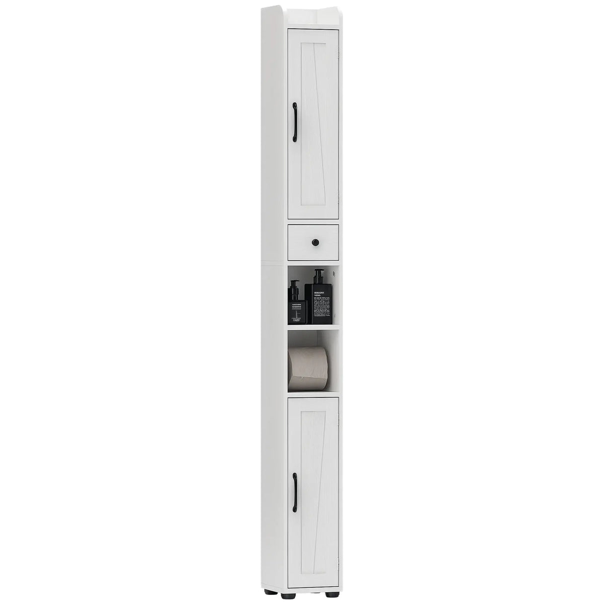 Narrow Bathroom Cabinet, Tall Storage with Barn Doors, Drawer, Adjustable Shelves, Wood Grain, White Bathroom Cabinets at Gallery Canada