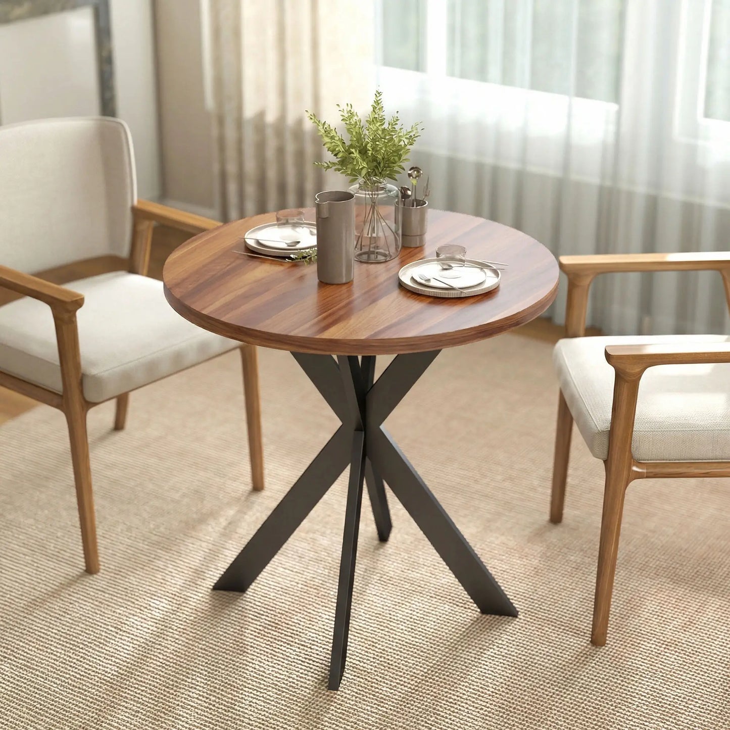 29" Round Dining Table, Walnut Finish, Steel Legs Dining Tables at Gallery Canada