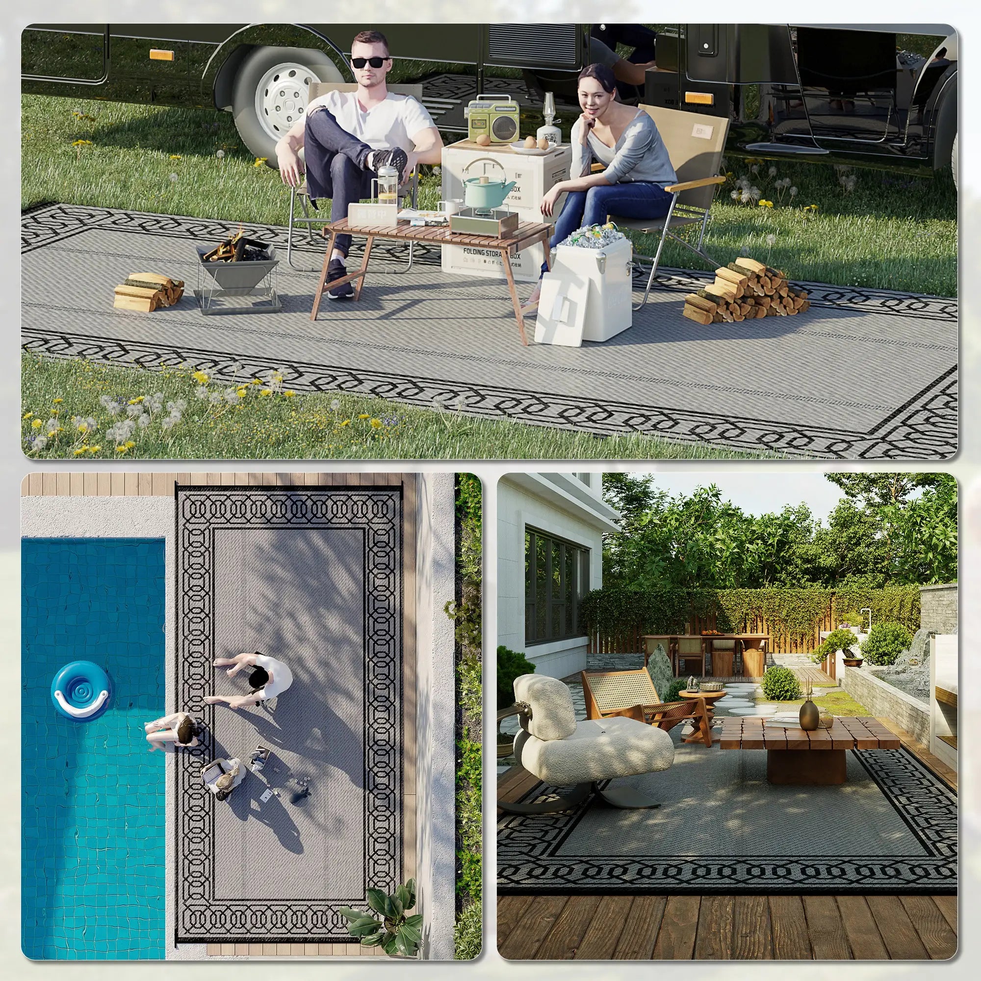 Portable Outdoor Rug, 9' x 18', Waterproof, Reversible, Black and Grey Outdoor Reversible Rugs at Gallery Canada