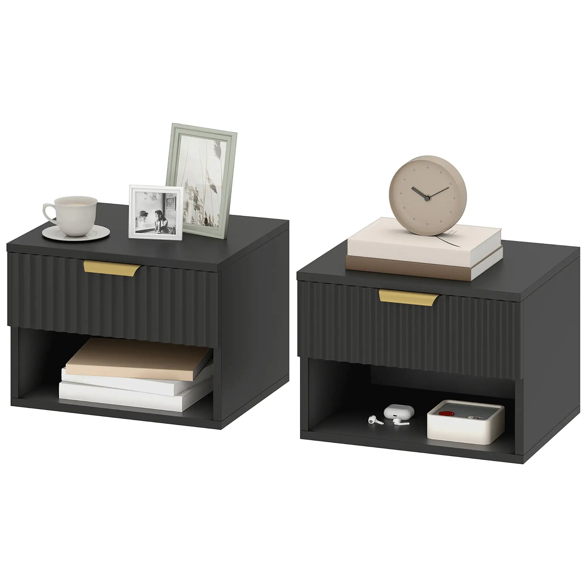 Floating Nightstands, Wall Mounted Bedside Tables Set of 2, Black Bedside Tables Gold, Black at Gallery Canada