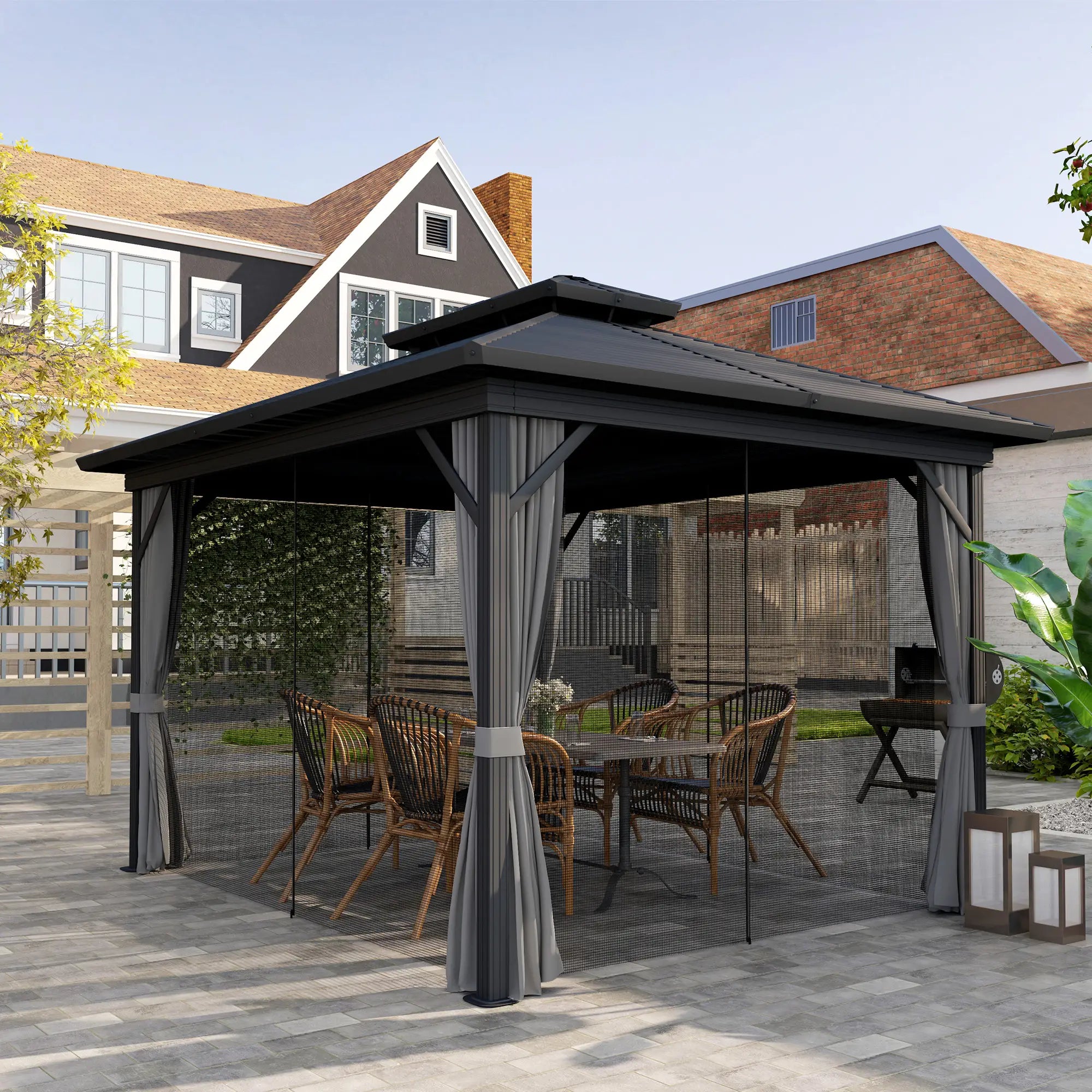 10' x 12' Hardtop Gazebo, Sun Shelter, Metal Roof, Mosquito Net, Light Grey Gazebos at Gallery Canada