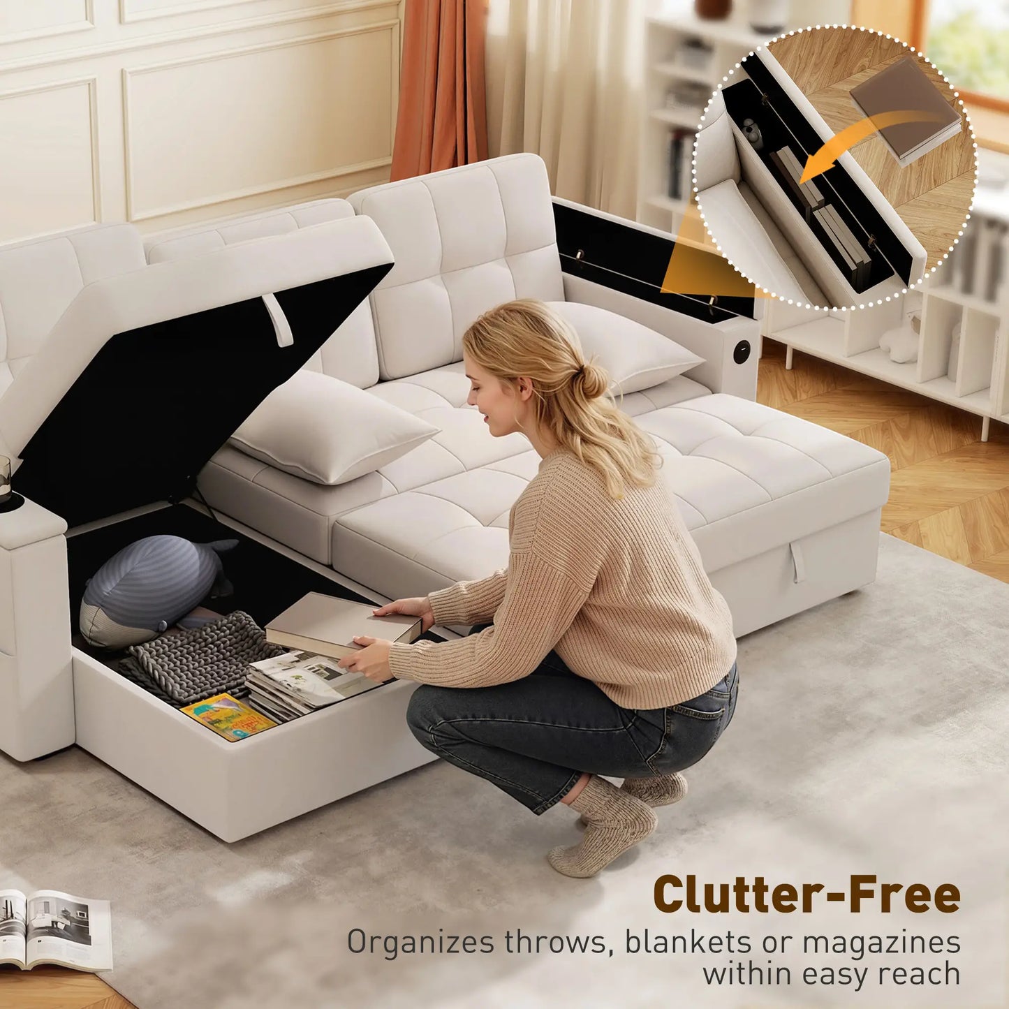 Convertible Sectional Sofa Bed, Pull Out Sleeper With USB‑A+C, Chaise Storage, L-Shaped Futon, Beige Sofas & Reclining Chairs at Gallery Canada