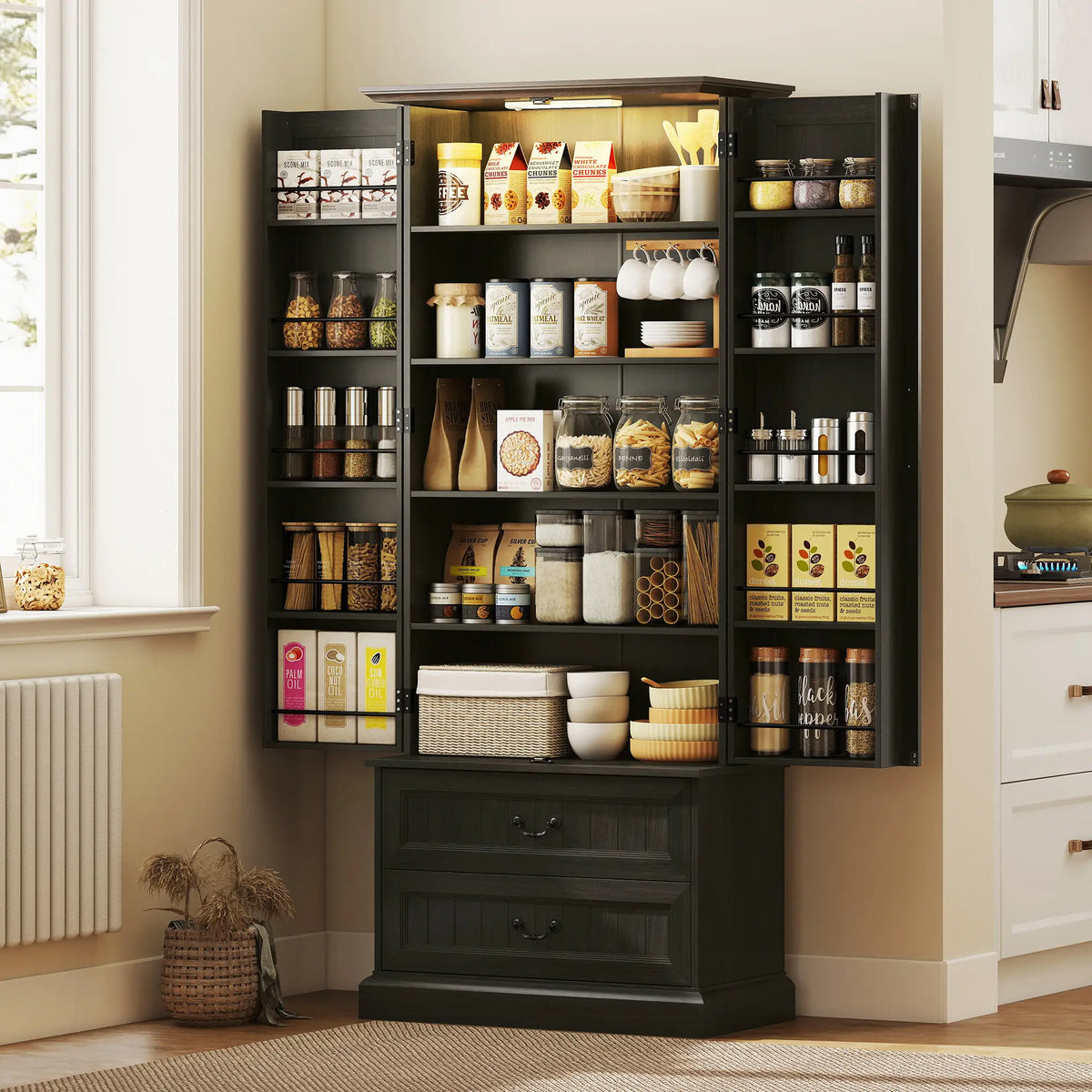 72 Inch LED Kitchen Pantry Cabinet, 10 Shelves, 2 Drawers, Black Kitchen Pantry Cabinets at Gallery Canada
