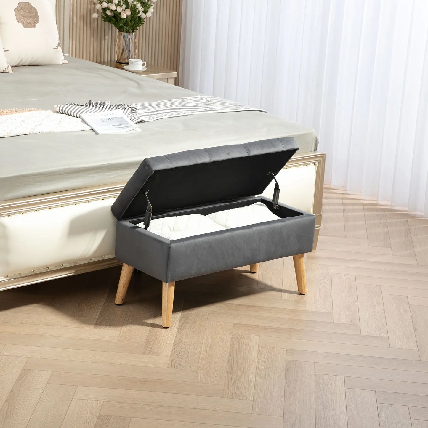 Velvet Storage Ottoman with Lid, Wood Legs, Charcoal Grey Storage Ottomans & Benches at Gallery Canada