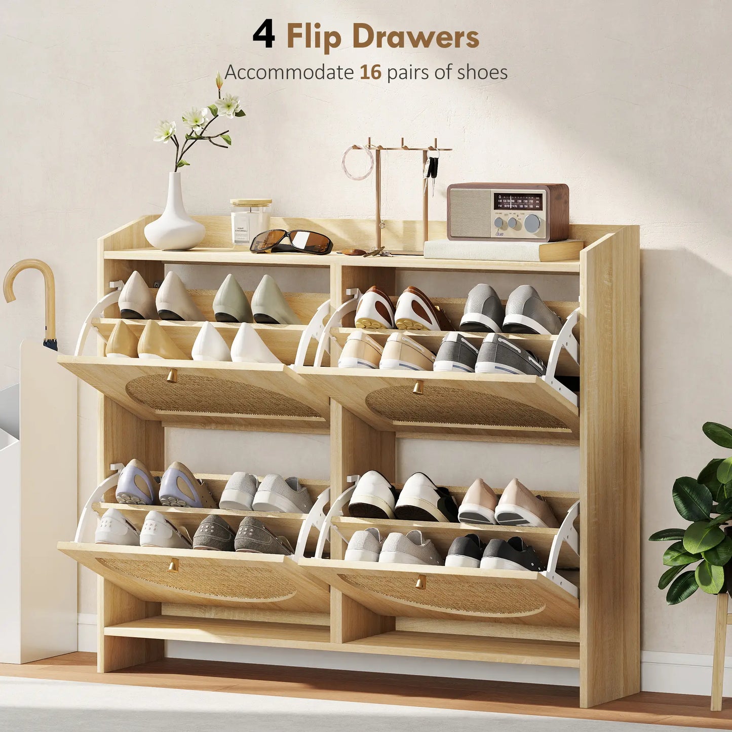 4 Flip-Drawer Shoe Cabinet, Rattan Doors, Adjustable Shelves, Holds 16 Pairs, Natural Shoe Storage Cabinets & Racks at Gallery Canada