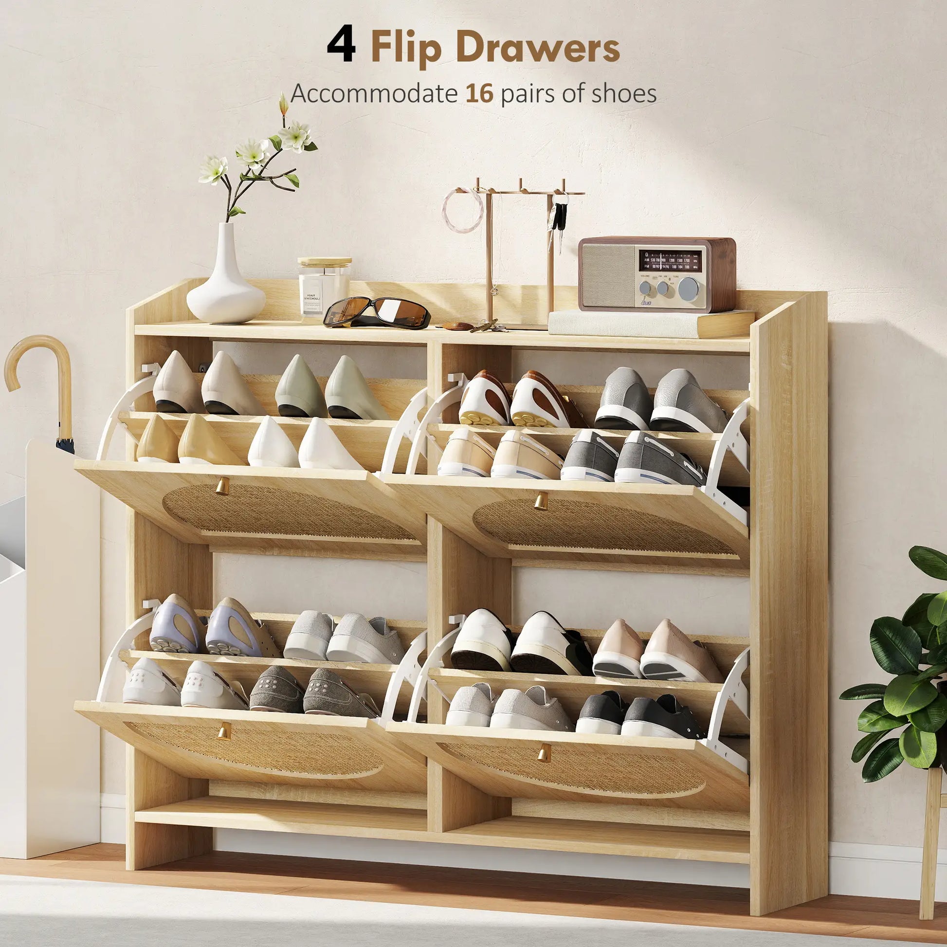 4 Flip-Drawer Shoe Cabinet, Rattan Doors, Adjustable Shelves, Holds 16 Pairs, Natural Shoe Storage Cabinets & Racks at Gallery Canada