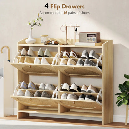 4 Flip-Drawer Shoe Cabinet, Rattan Doors, Adjustable Shelves, Holds 16 Pairs, Natural Shoe Storage Cabinets & Racks at Gallery Canada