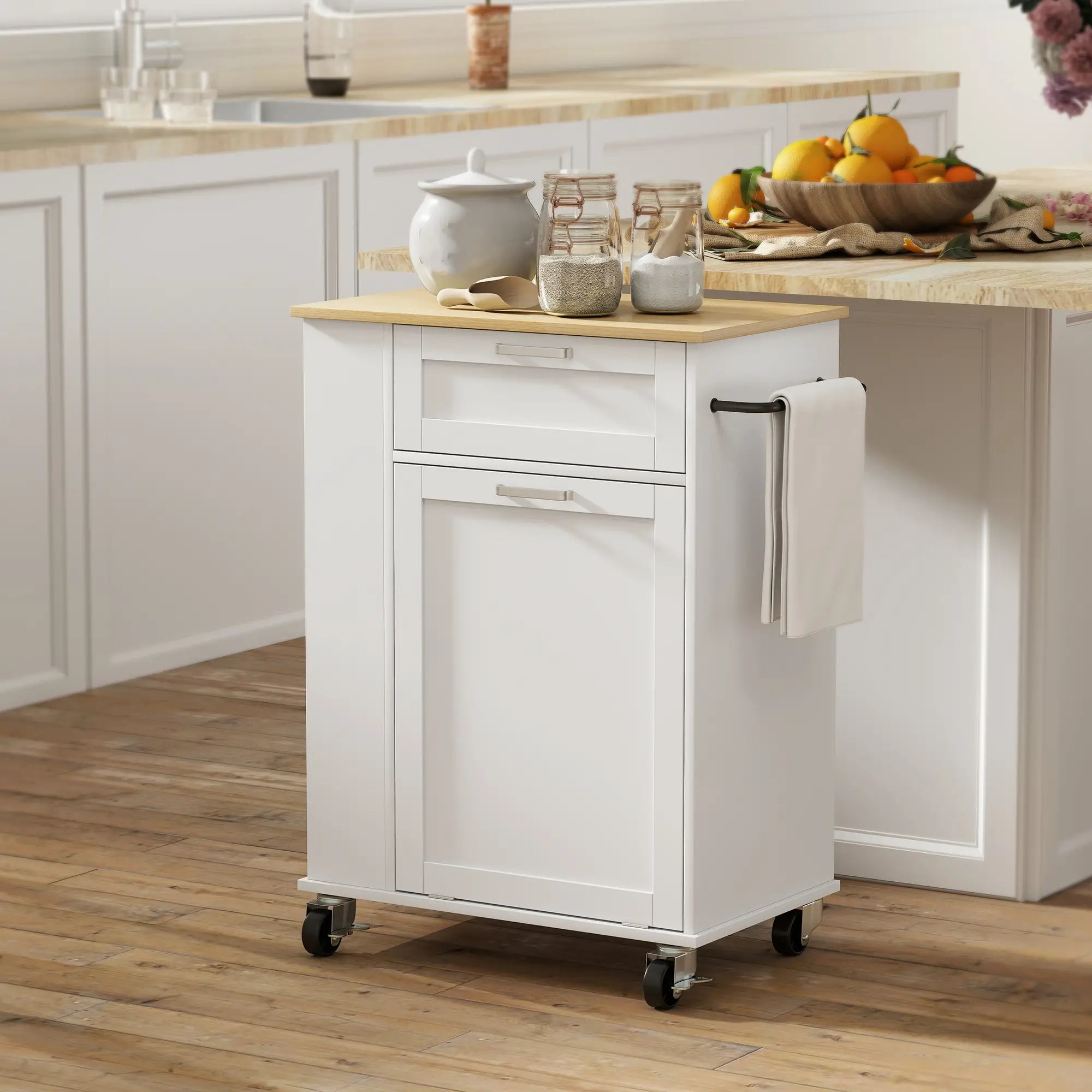 Rolling Kitchen Island with Trash Can Storage, Spice Rack, Drawer, White Kitchen Islands & Kitchen Carts at Gallery Canada