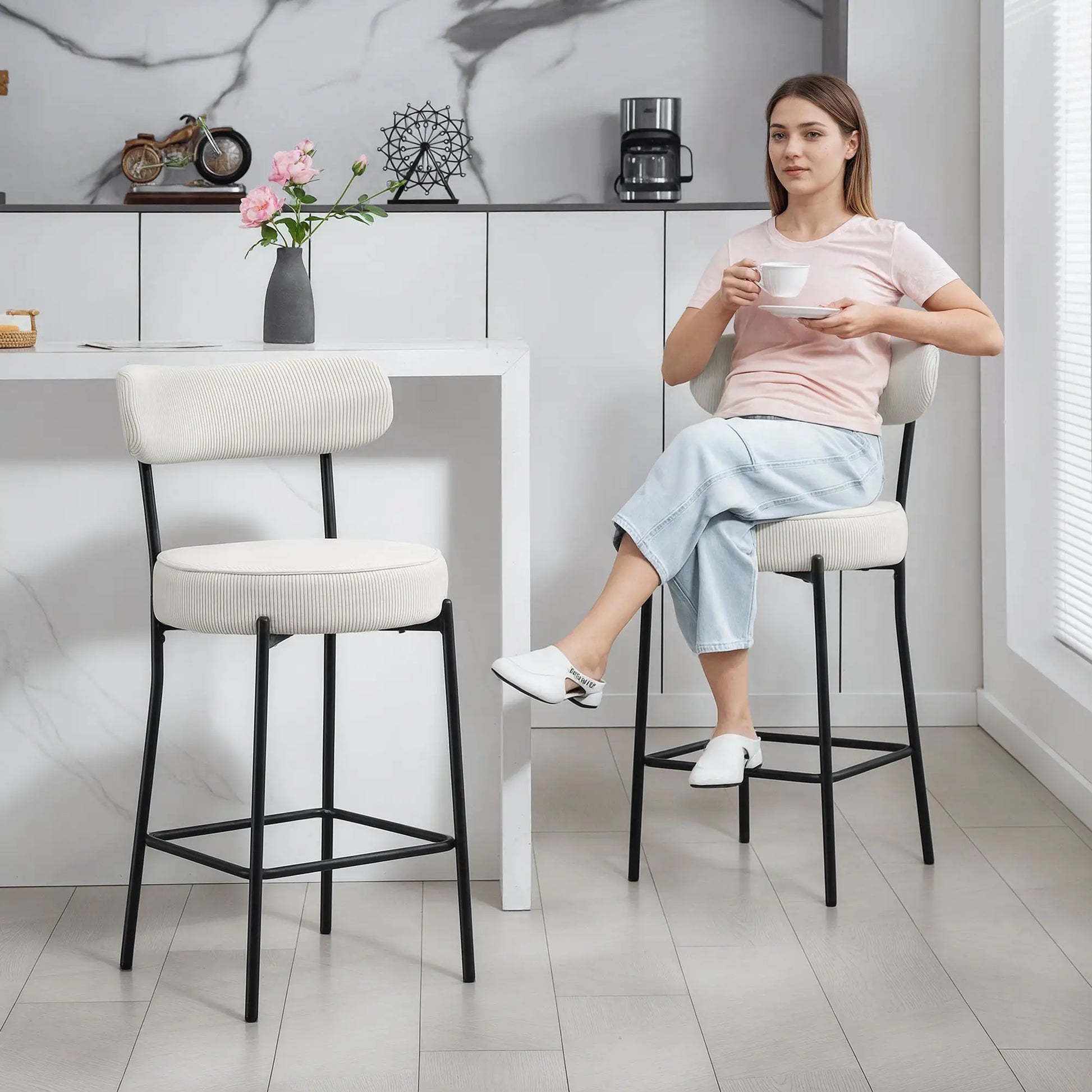 Set of 2 Upholstered Corduroy Barstools with Backrest, Footrest, Cream White Bar Stools at Gallery Canada