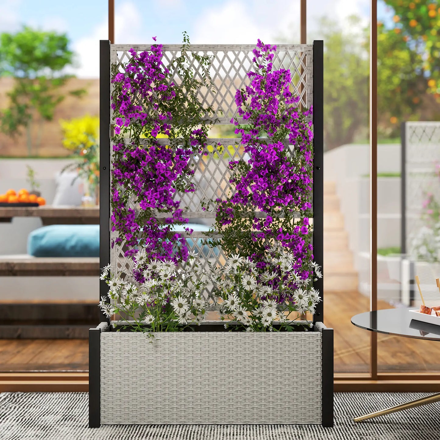 Wicker Outdoor Planter With Trellis, 58" Standing Garden Bed, Mixed Grey Raised Garden Beds at Gallery Canada