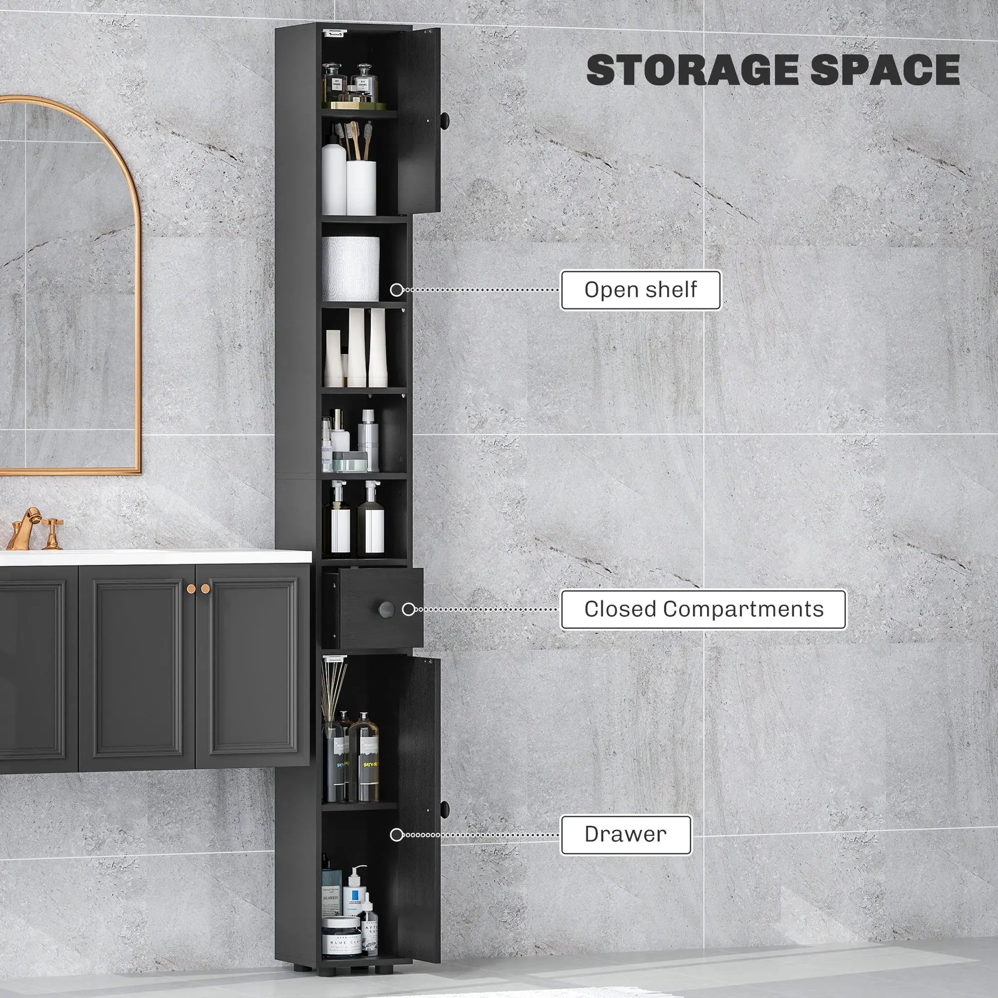 71" Tall Bathroom Cabinet, Narrow Toilet Paper Storage, 2 Door, Adjustable Shelves, Black Bathroom Cabinets at Gallery Canada