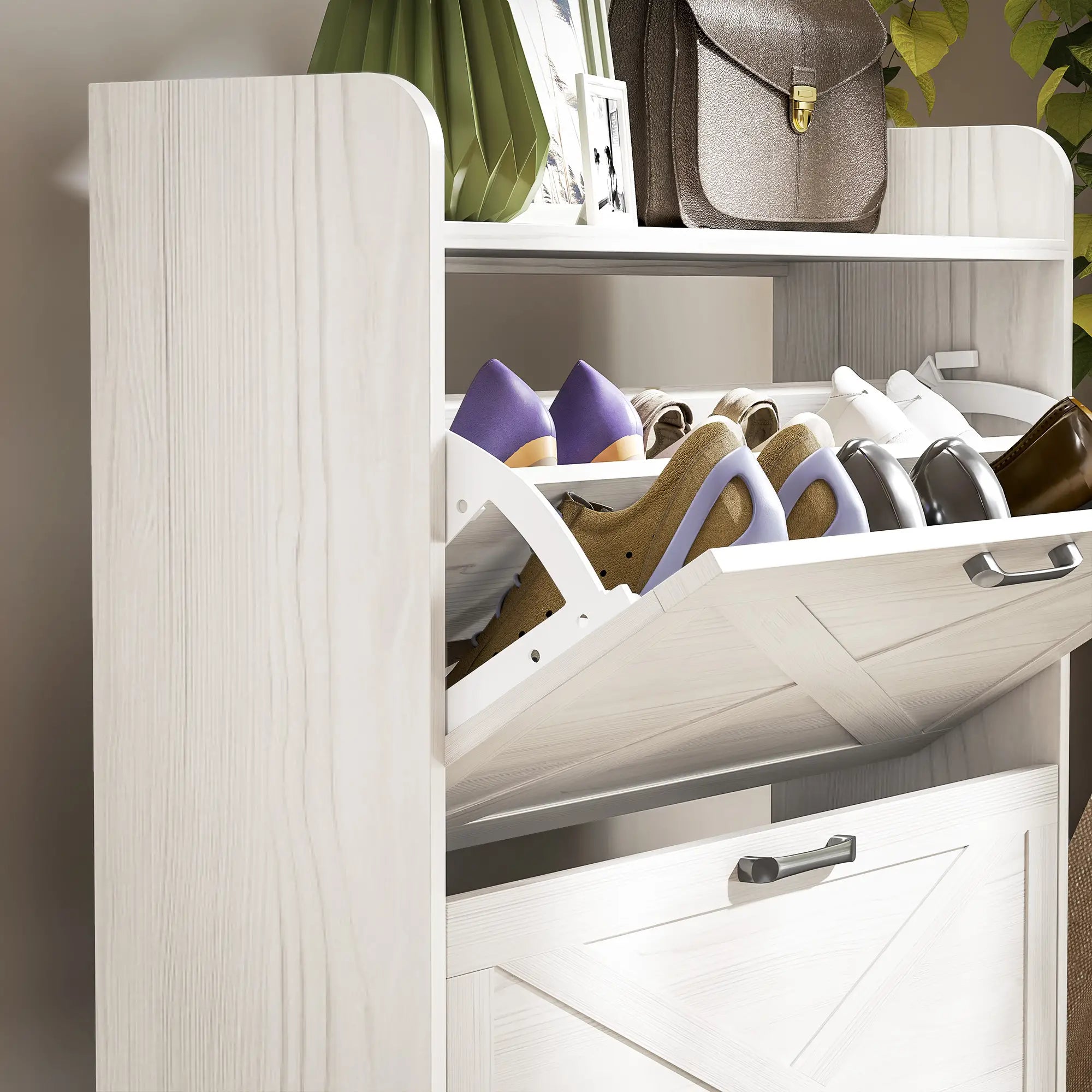Narrow Shoe Storage Cabinet, 3 Flip Drawers, Adjustable Shelves, White Oak Shoe Storage Cabinets & Racks at Gallery Canada
