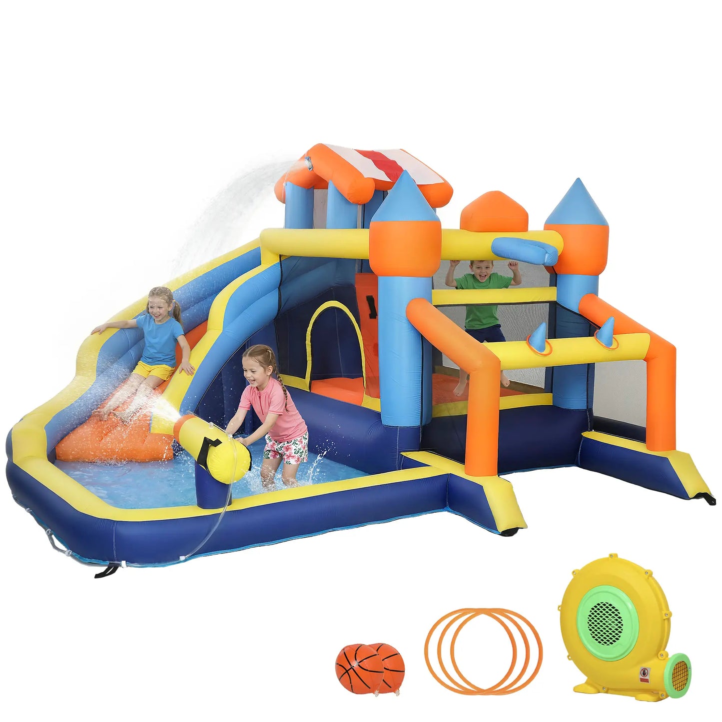 Inflatable Bounce House With Slide, Pool, Climbing Wall, Blower Inflatables Blue, Orange, Yellow at Gallery Canada