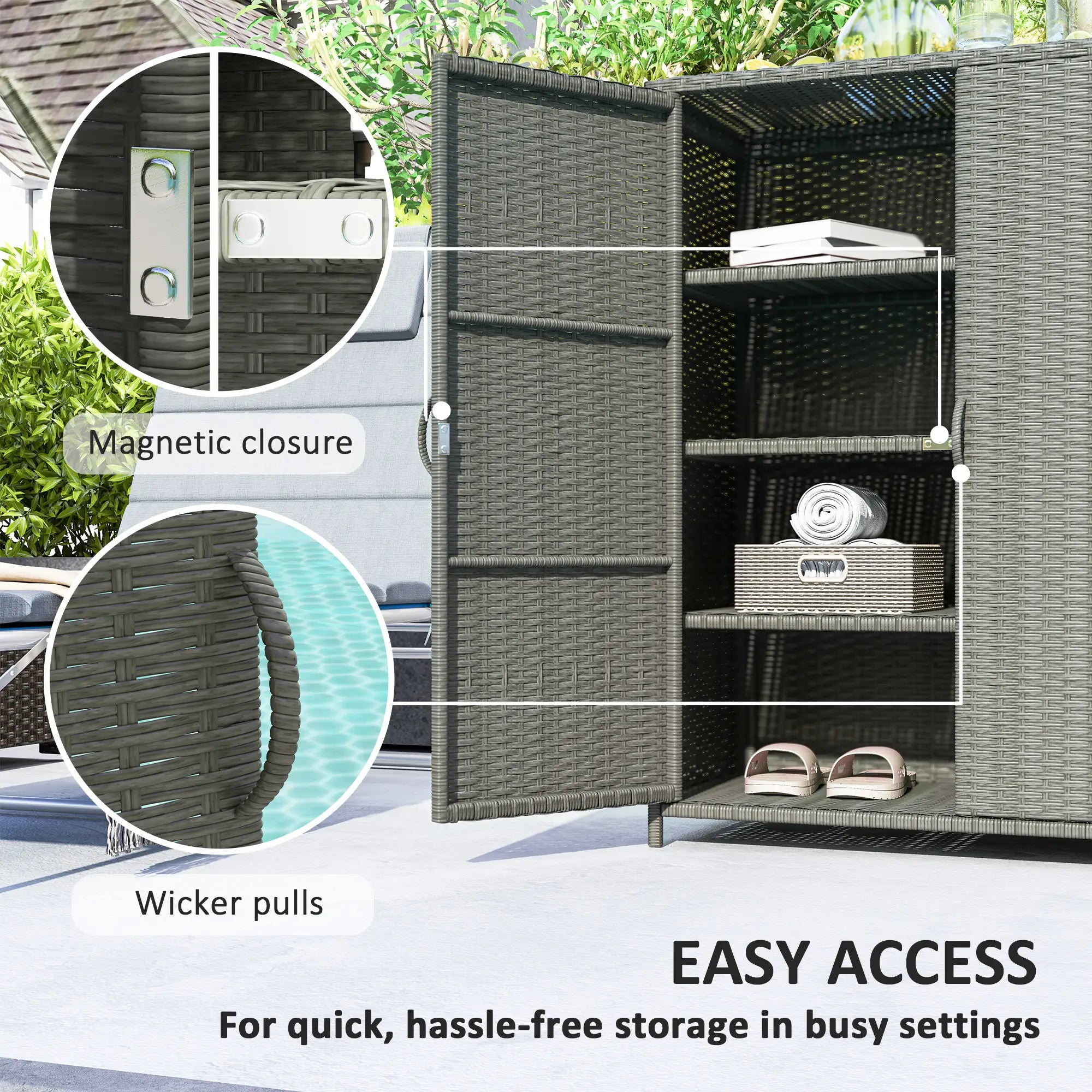 Wicker Outdoor Storage Cabinet, 4 Shelves, 2 Doors, Dark Grey Patio Storage Boxes at Gallery Canada