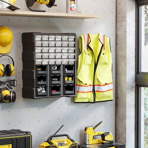 Plastic 39 Drawer Parts Organizer, Wall Mount Storage Cabinet, Black