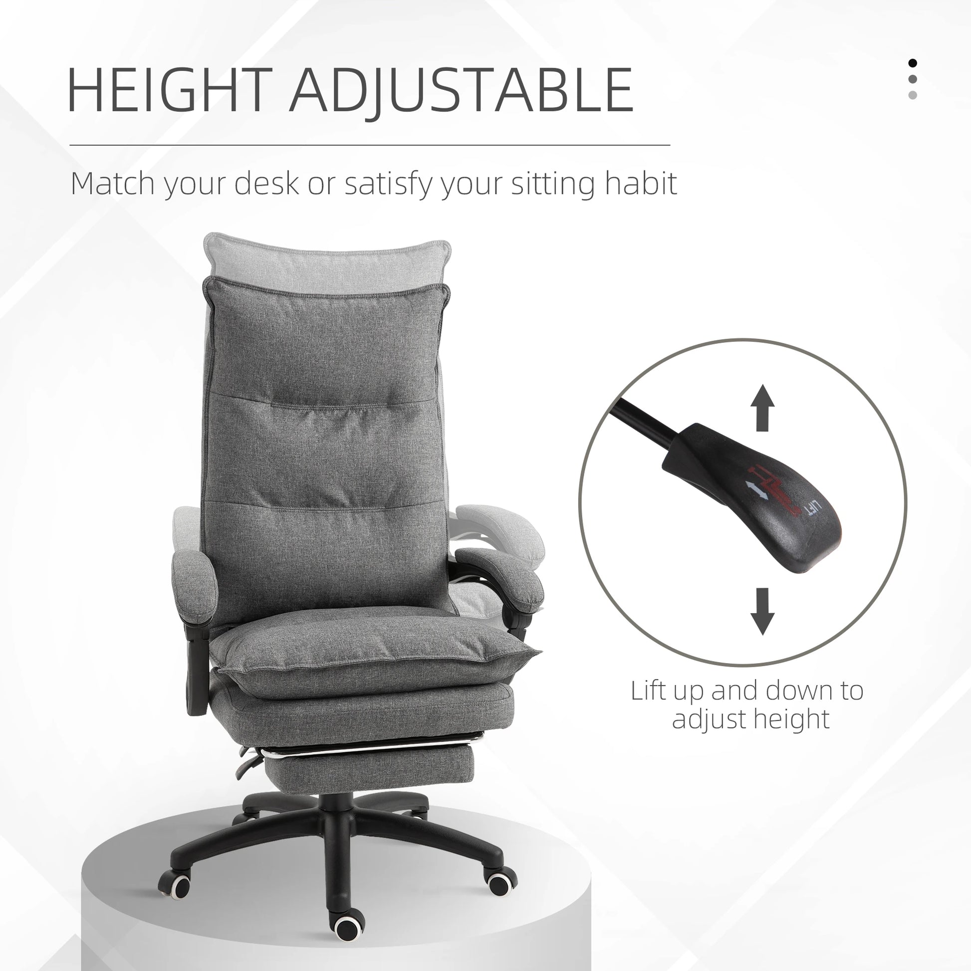 Adjustable Height Office Chair, 360° Swivel, Retractable Footrest, Grey Executive & Manager Chairs at Gallery Canada