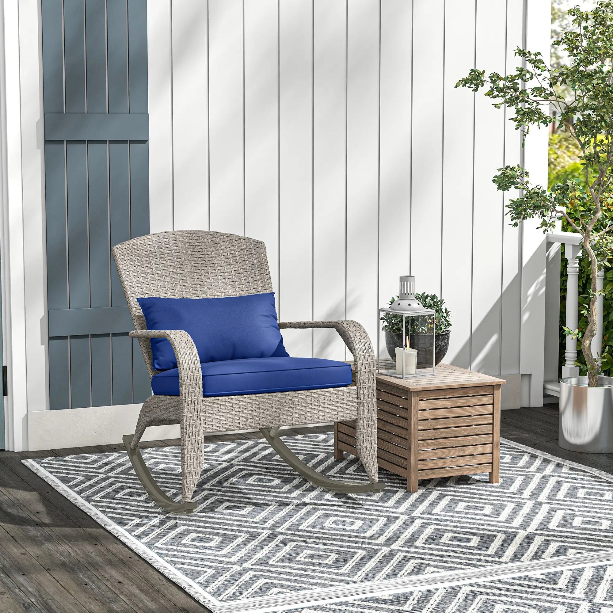 Outdoor Wicker Rocking Chair With Cushion, Dark Blue Patio Chairs at Gallery Canada
