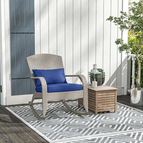 Outdoor Wicker Rocking Chair With Cushion, Dark Blue