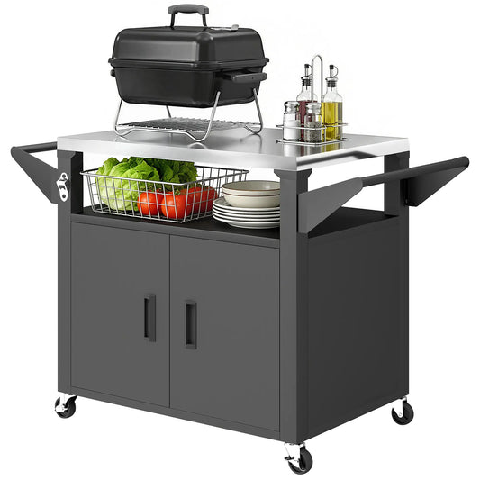 Outdoor Grill Cart, Stainless Steel Tabletop, 3-Shelf Pizza Oven Stand, Storage Cabinet, Wheels, Black Outdoor Grill Carts Black at Gallery Canada