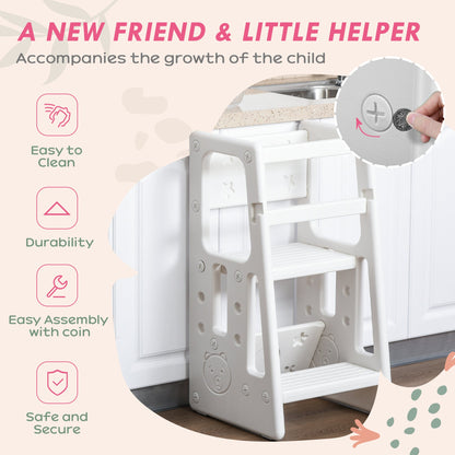 Toddler Kitchen Helper 2 Step Stool with Adjustable Height Platform and Safety Rail, White at Gallery Canada
