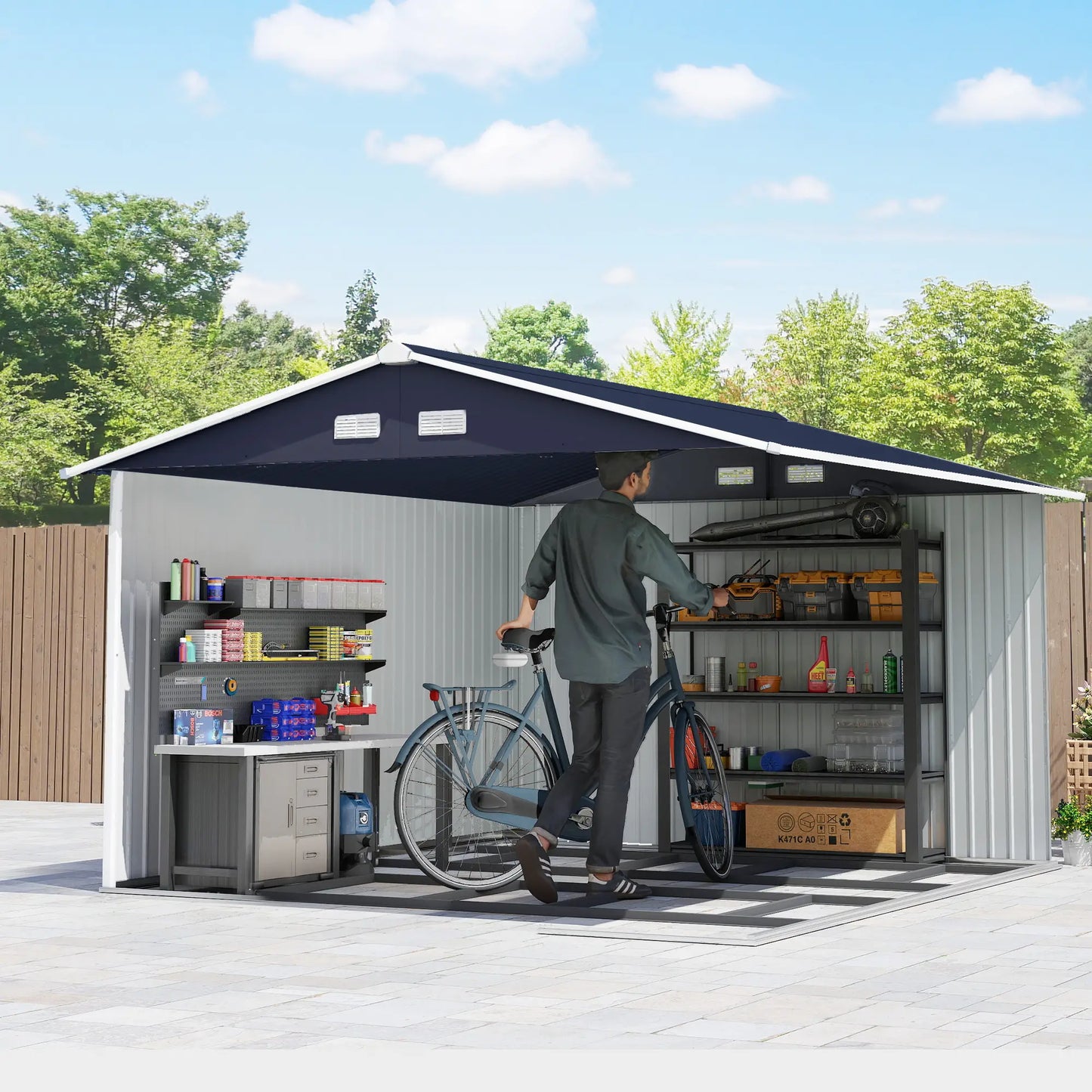 11' x 9' Metal Storage Shed, Garden Tool House, Double Sliding Doors, 4 Air Vents, Dark Grey Sheds at Gallery Canada