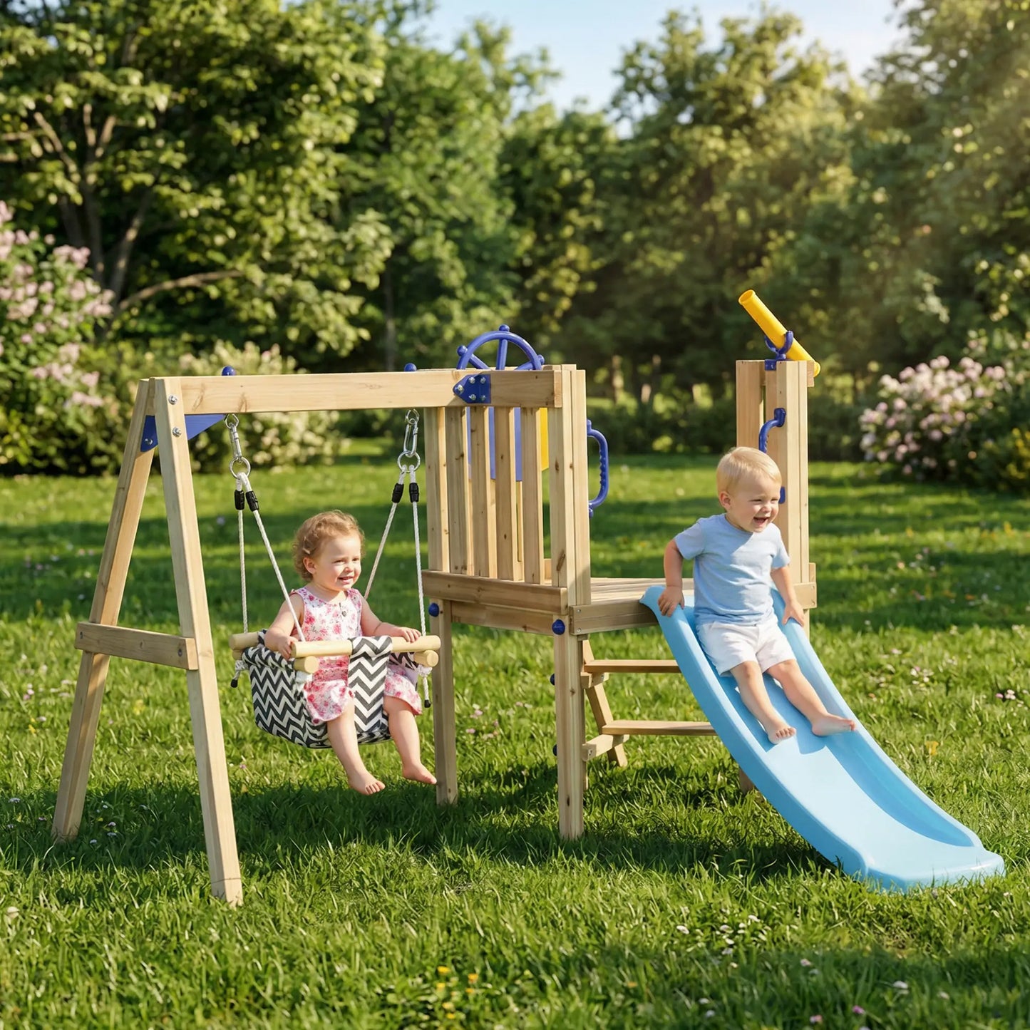 Wooden Kids Swing Set With Slide, Swing Seat, Captain's Wheel, Telescope, Natural Gym Sets & Swings at Gallery Canada