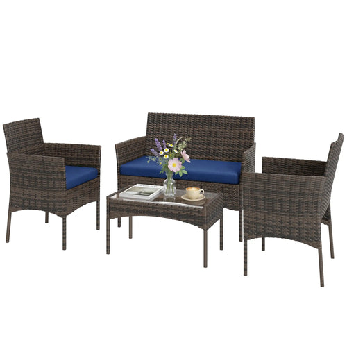 4-Piece Wicker Patio Furniture Set, Glass Coffee Table, Navy Blue